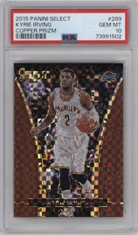Kyrie Irving from the 2015-16 Panini Select  set featuring a Copper Prizm parallel graded by PSA and given an overall grade of 10.