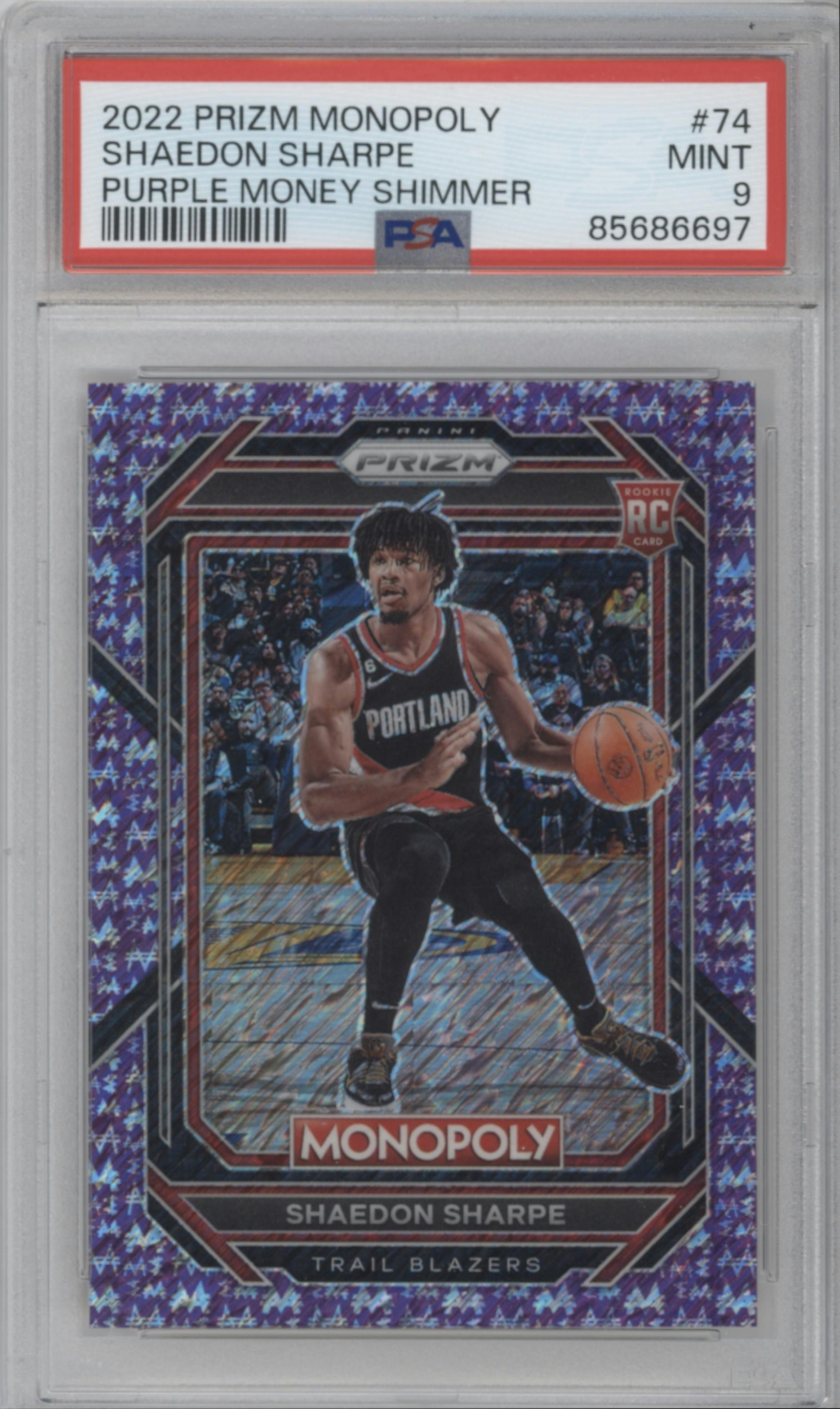 Shaedon Sharpe from the 2022-23 Panini Prizm Monopoly set featuring a Purple Money Shimmer parallel graded by PSA and given an overall grade of 9.
