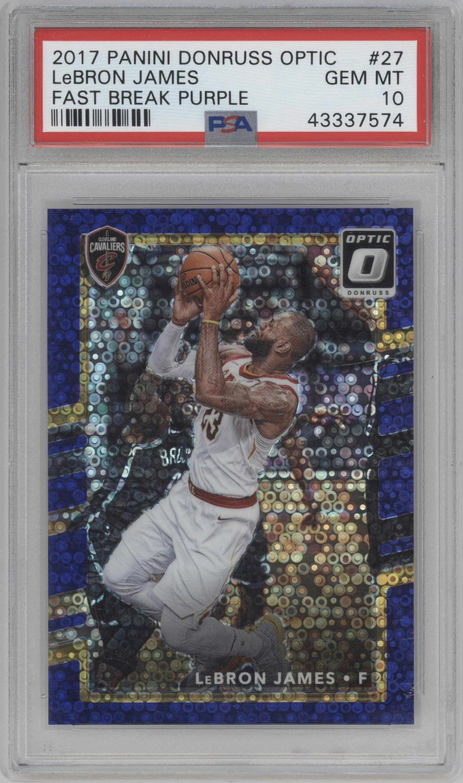 LeBron James from the 2017-18 Panini Donruss Optic set featuring a Fast Break Purple parallel graded by PSA and given an overall grade of 10.