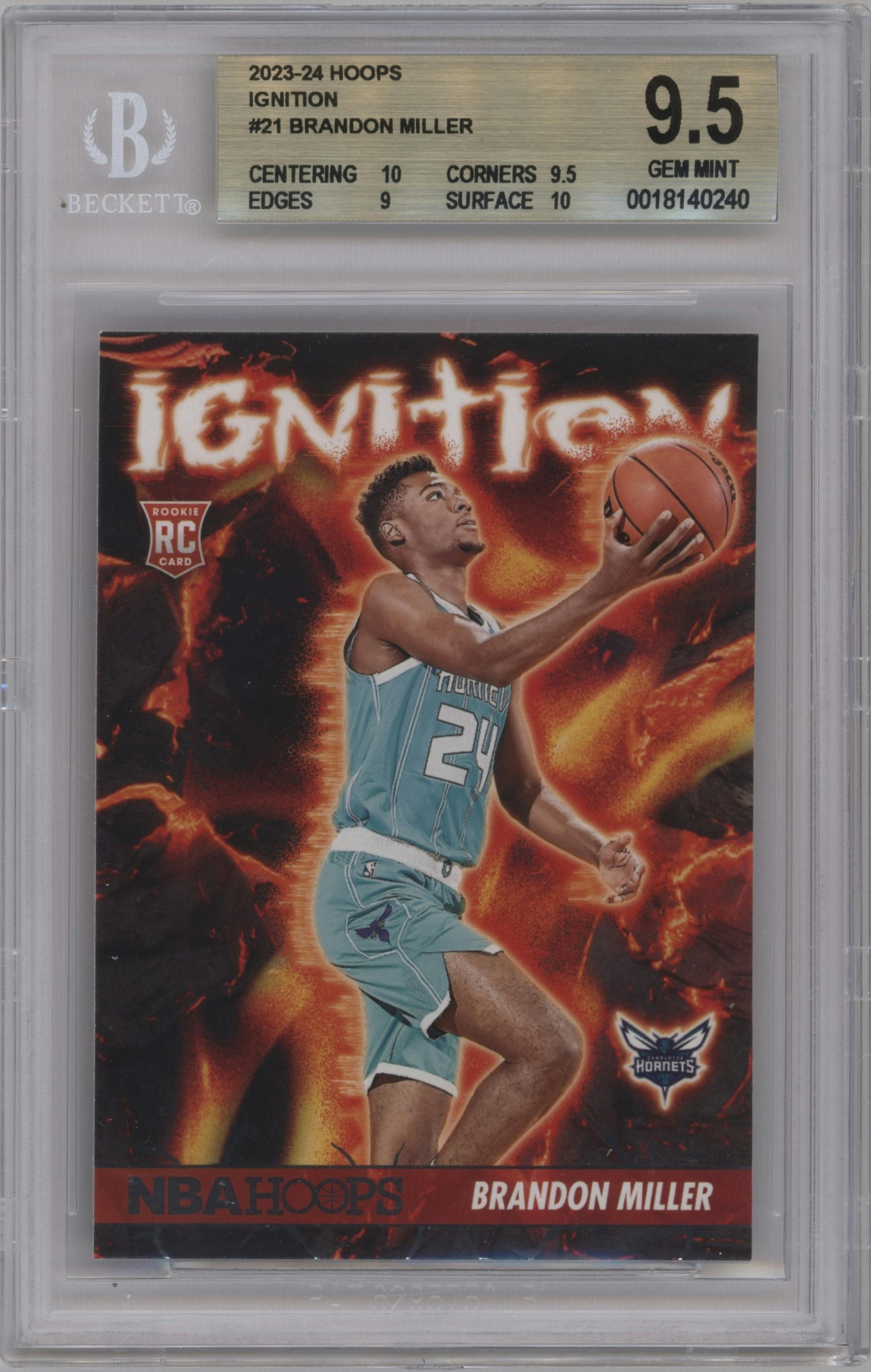 Brandon Miller from the 2023-24 Panini NBA Hoops set graded by Beckett and given an overall grade of 9.5.