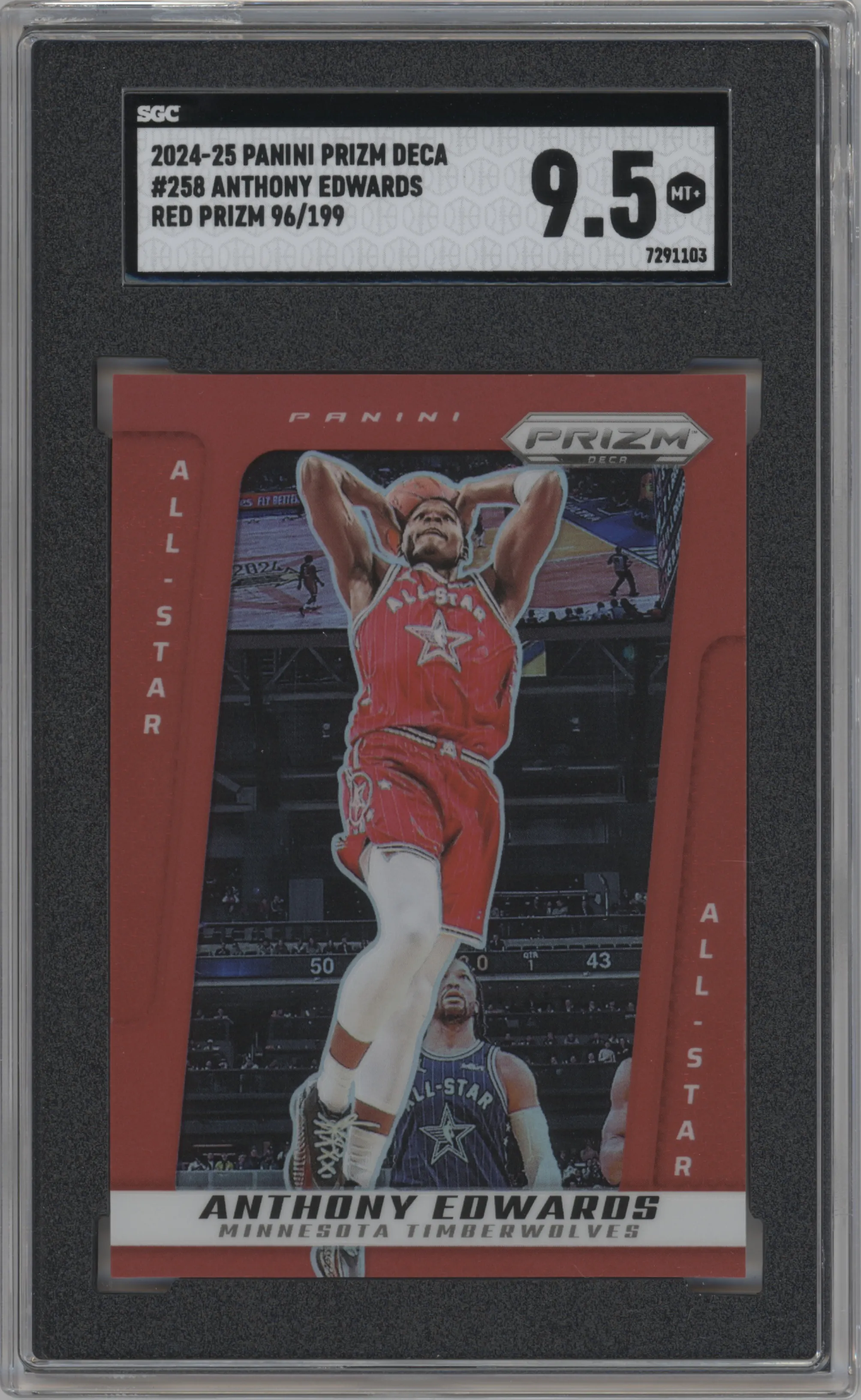 Anthony Edwards from the 2024-25 Panini Prizm Deca set featuring a Red Prizm parallel graded by SGC and given an overall grade of 9.5.