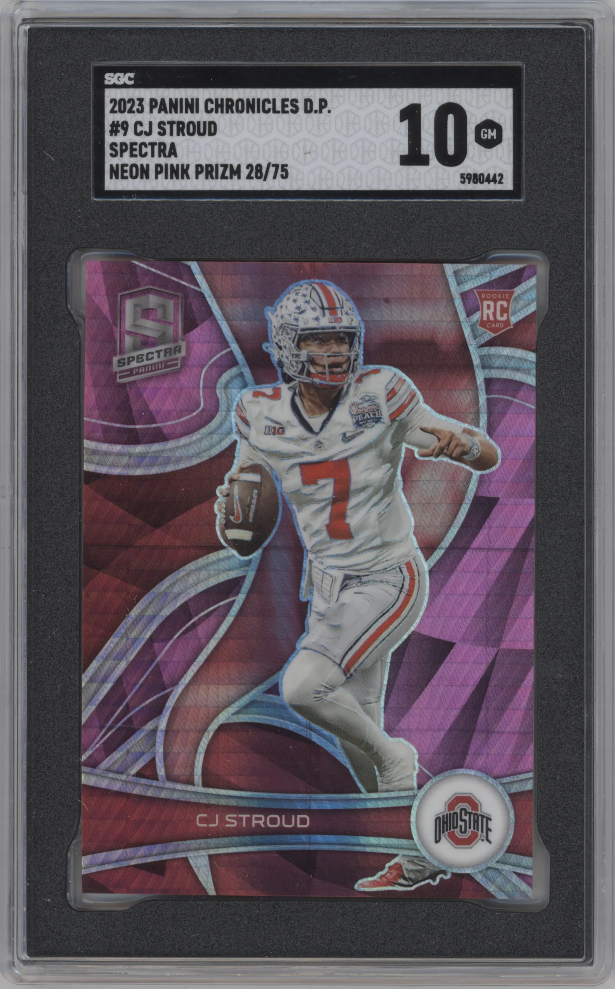 CJ Stroud from the 2023 Panini Chronicles Draft Picks set featuring a Neon Pink parallel graded by SGC and given an overall grade of 10.