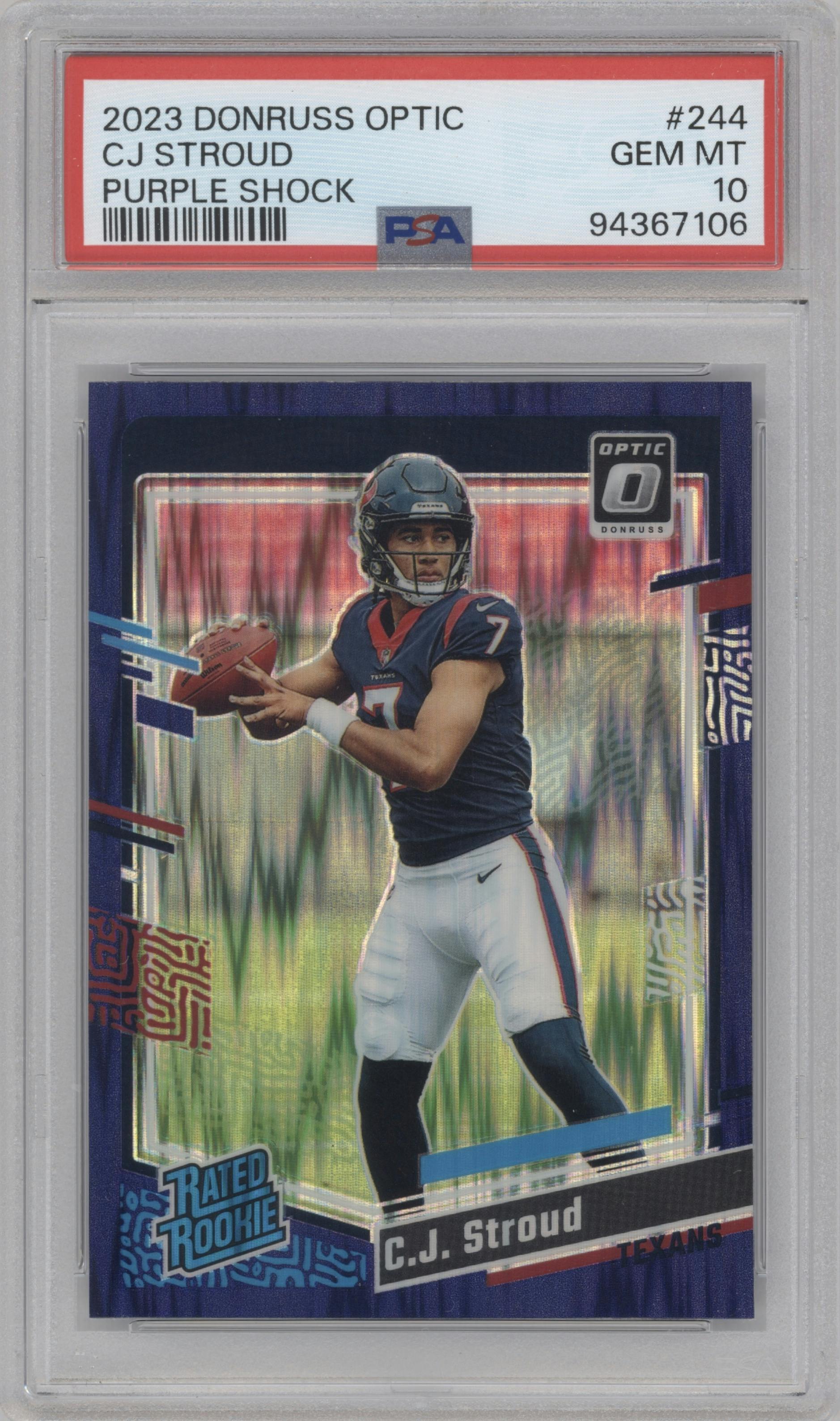 C.J. Stroud from the 2023 Donruss Optic set featuring a  Purple Shock parallel graded by PSA and given an overall grade of 10.
