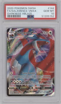 Salamence VMAX from the 2020 Pokemon SWSH set graded by PSA and given an overall grade of 10.