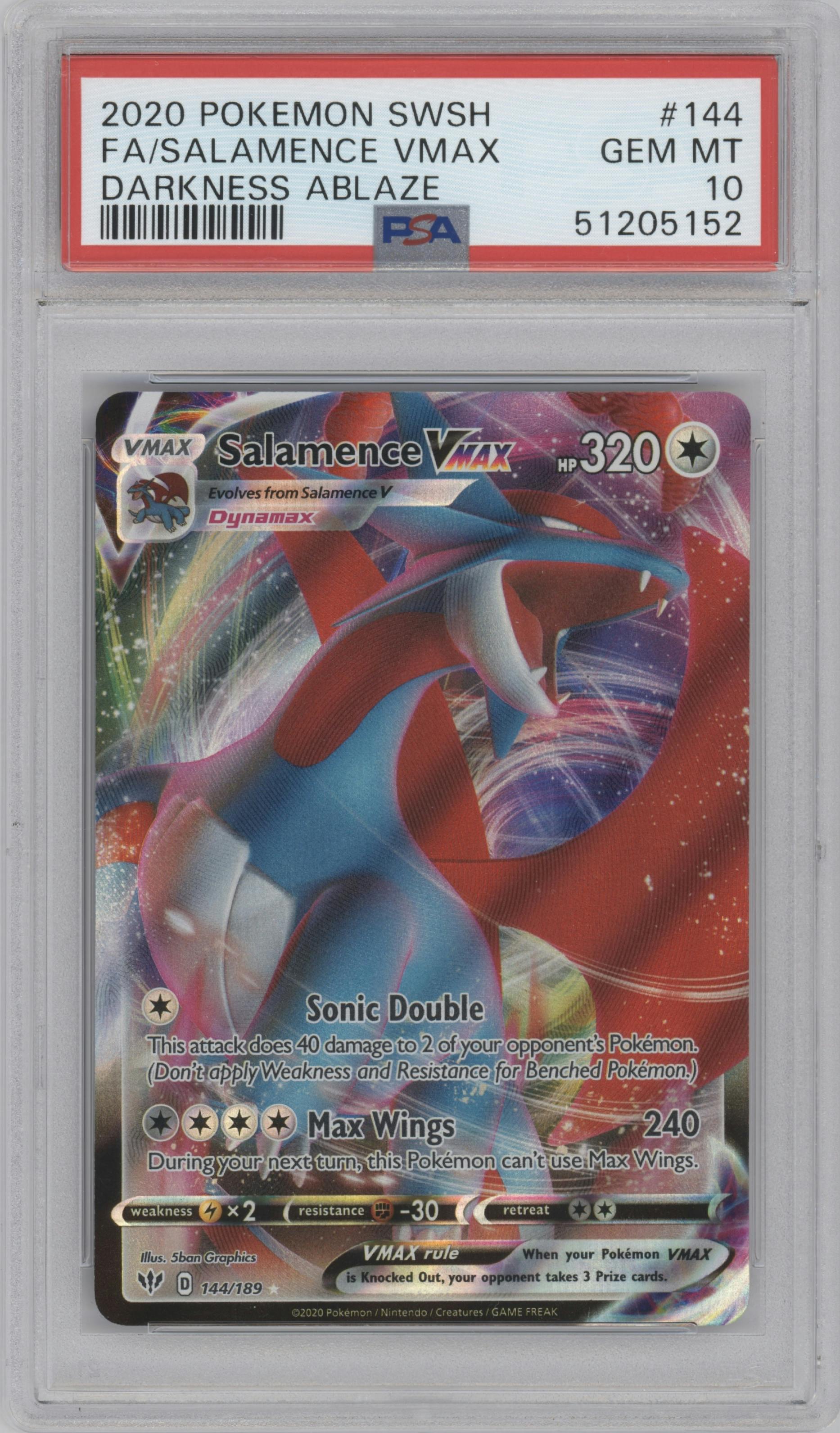 Salamence VMAX from the 2020 Pokemon SWSH set graded by PSA and given an overall grade of 10.