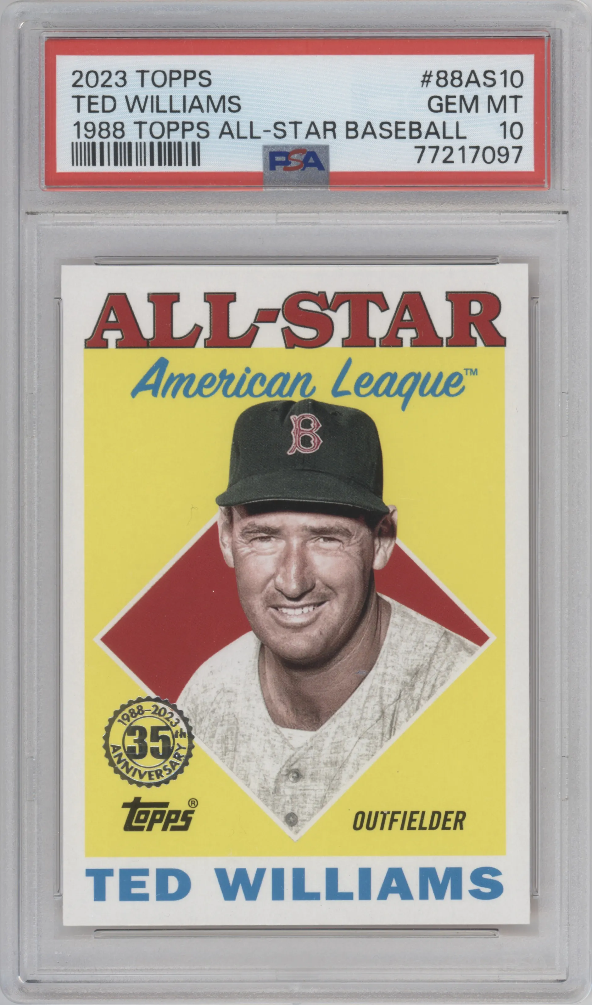 Ted Williams from the 2023 Topps Series 2 set graded by PSA and given an overall grade of 10.