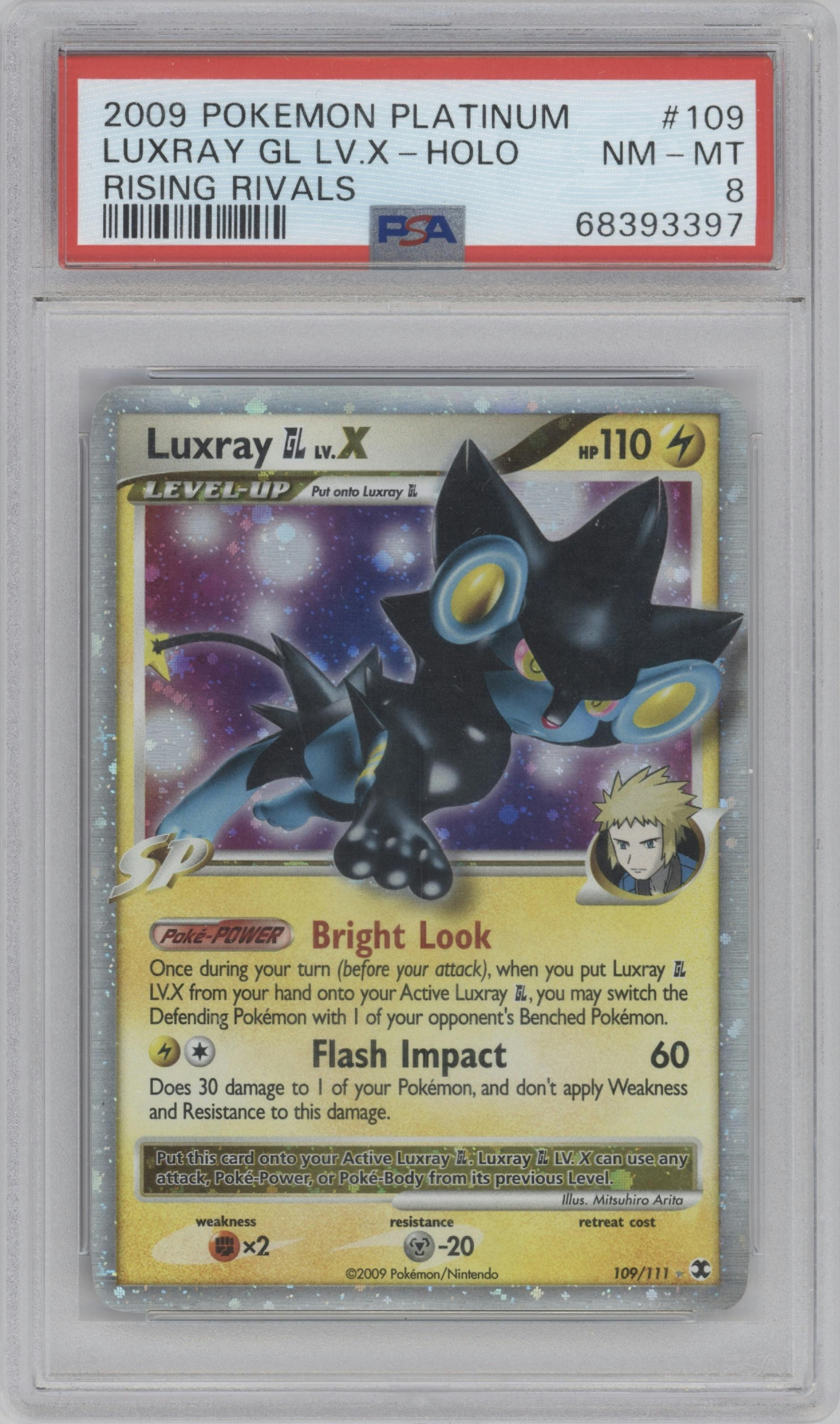 Luxray GL LV. X from the 2009 Pokemon Platinum set graded by PSA and given an overall grade of 8.