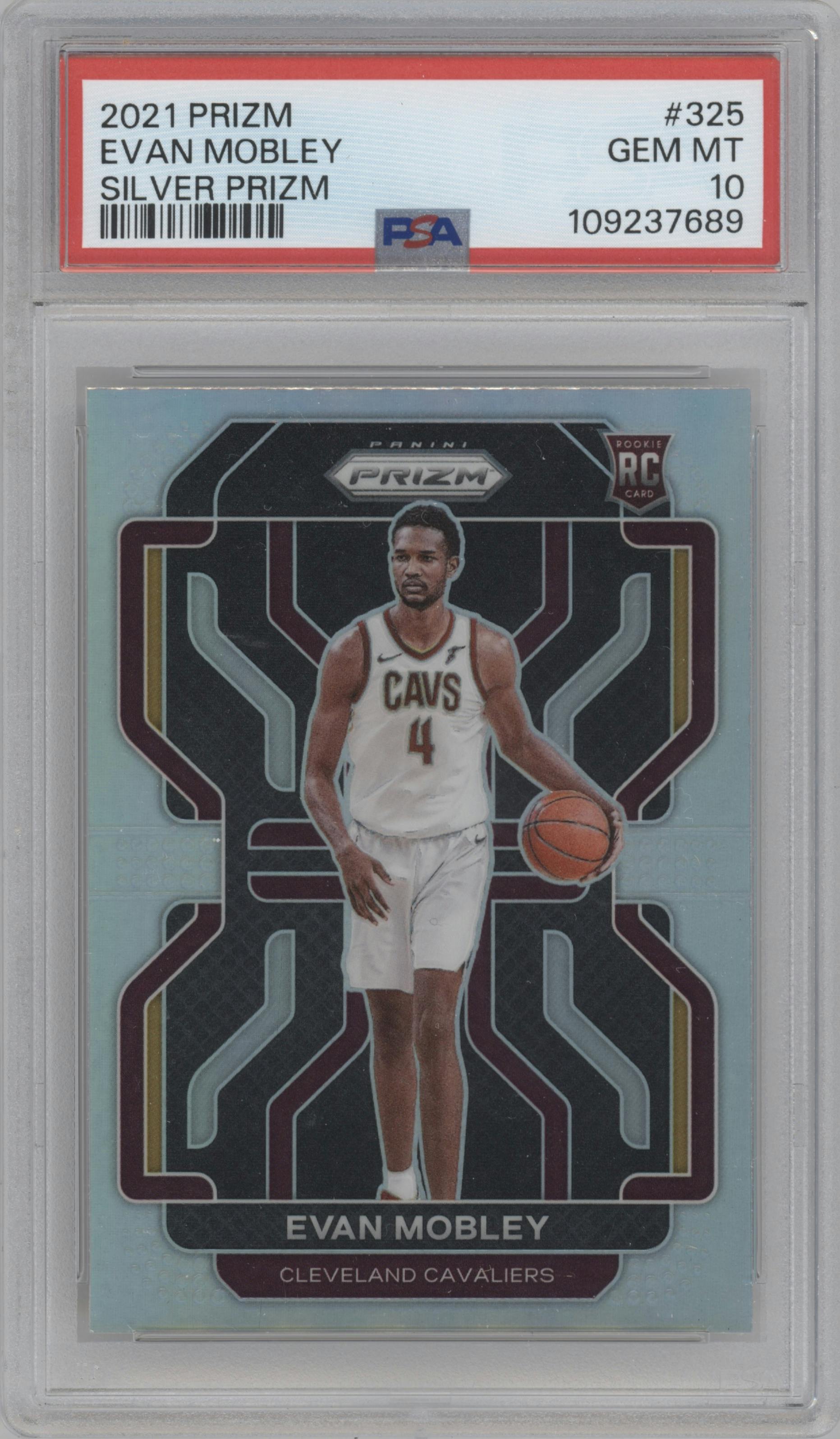 Evan Mobley from the 2021-22 Panini Prizm  set featuring a Silver Prizm parallel graded by PSA and given an overall grade of 10.