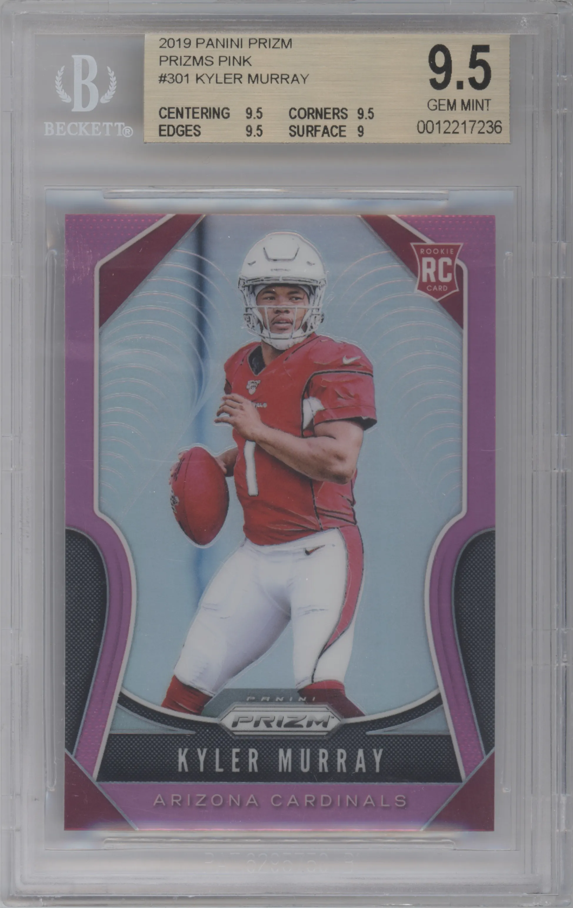 Kyler Murray from the 2019 Panini Prizm set featuring a Pink Prizm parallel graded by Beckett and given an overall grade of 9.5.