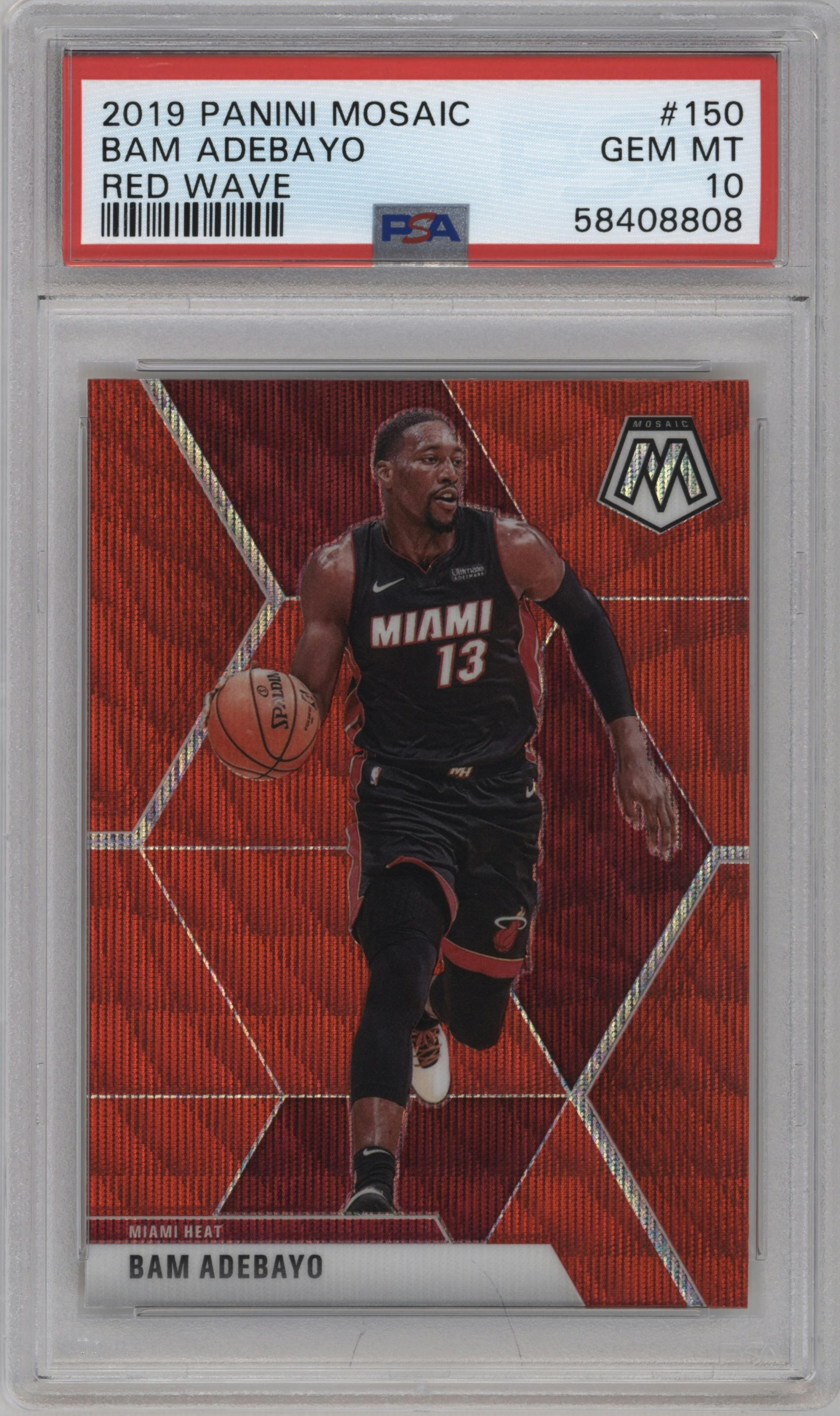 Bam Adebayo from the 2019-20 Panini Mosaic  set featuring a Red Wave parallel graded by PSA and given an overall grade of 10.