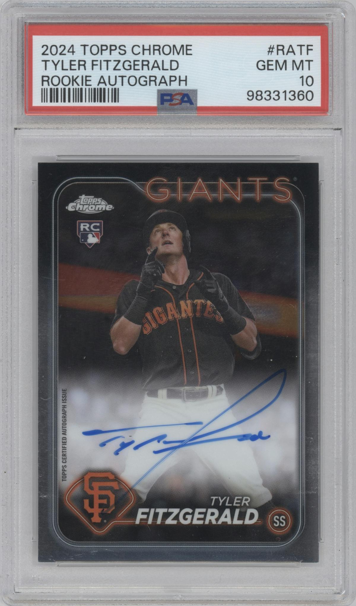 Tyler Fitzgerald from the 2024 Topps Chrome set graded by PSA and given an overall grade of 10.