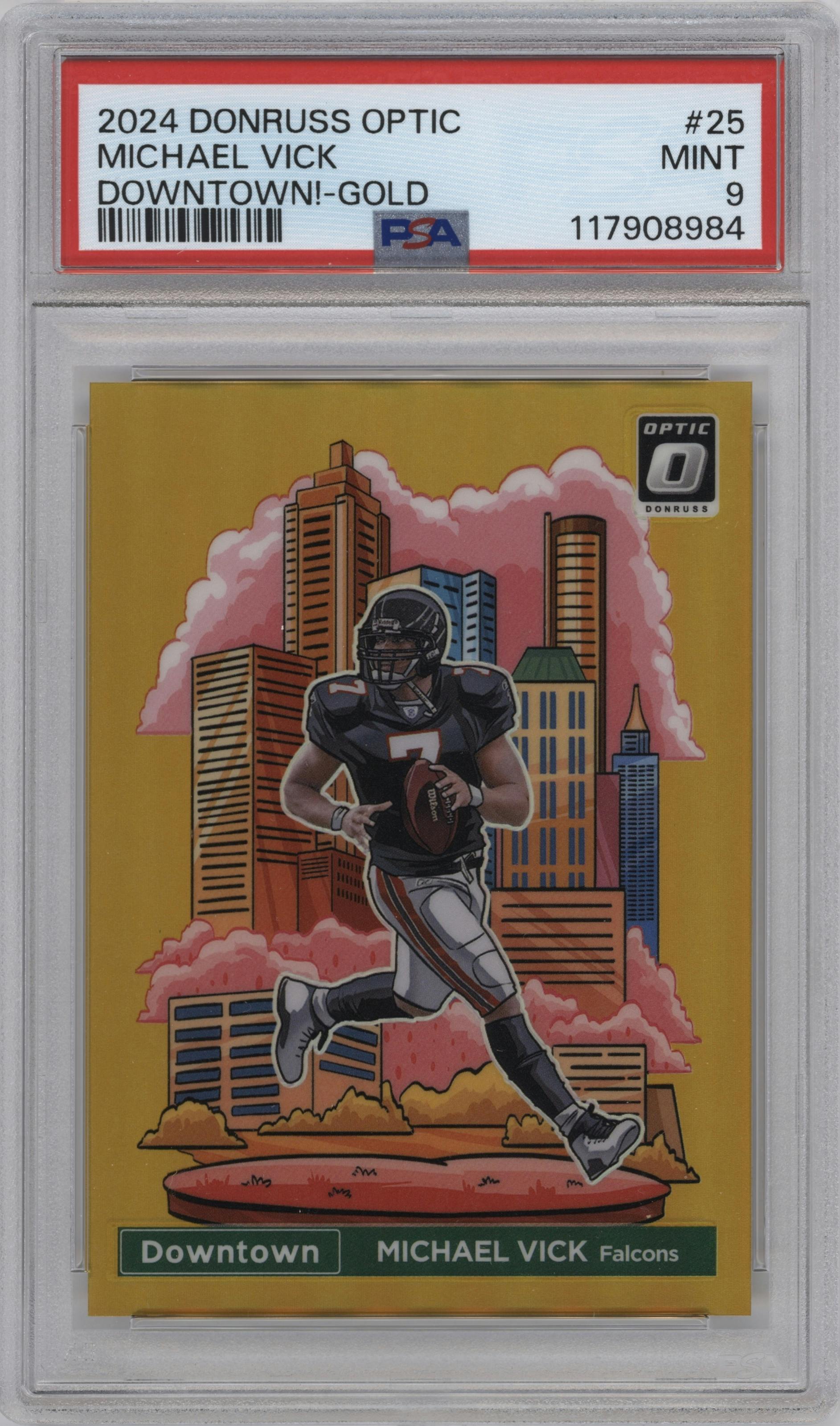 Michael Vick from the 2024 Donruss Optic set featuring a Gold parallel graded by PSA and given an overall grade of 9.