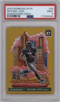 Michael Vick from the 2024 Donruss Optic set featuring a Gold parallel graded by PSA and given an overall grade of 9.