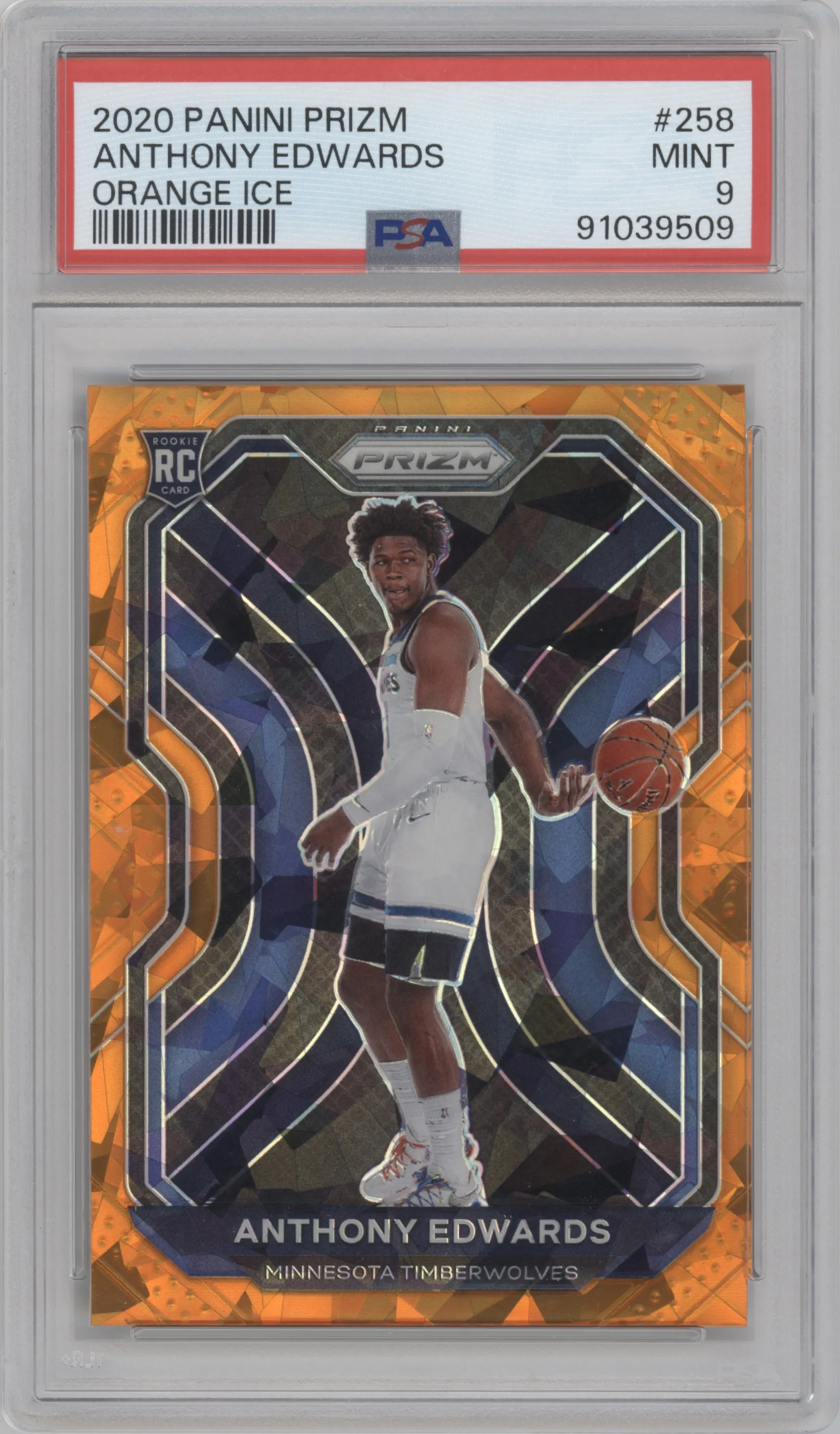 Anthony Edwards from the 2020-21 Panini Prizm set featuring a Orange Ice parallel graded by PSA and given an overall grade of 9.