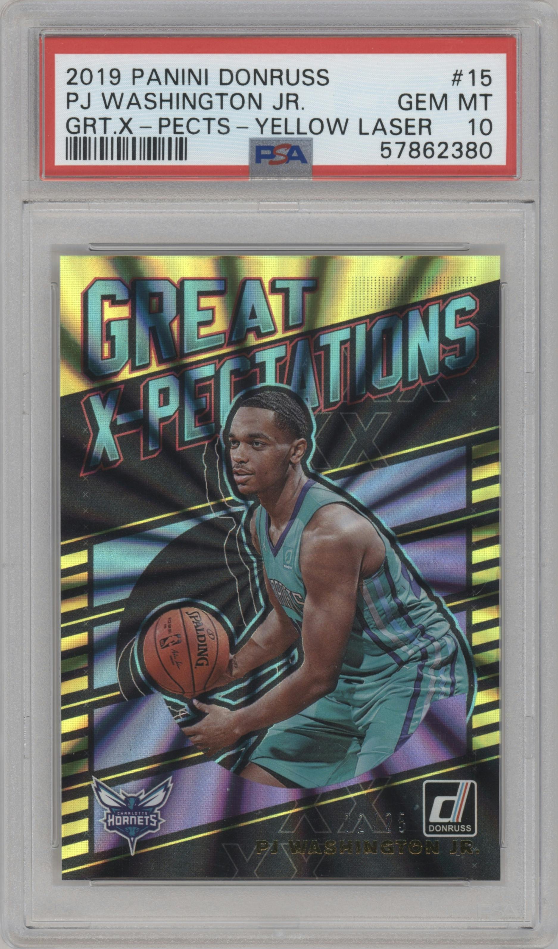 PJ Washington Jr. from the 2019-20 Panini Donruss set featuring a Yellow Holo Laser parallel graded by PSA and given an overall grade of 10.