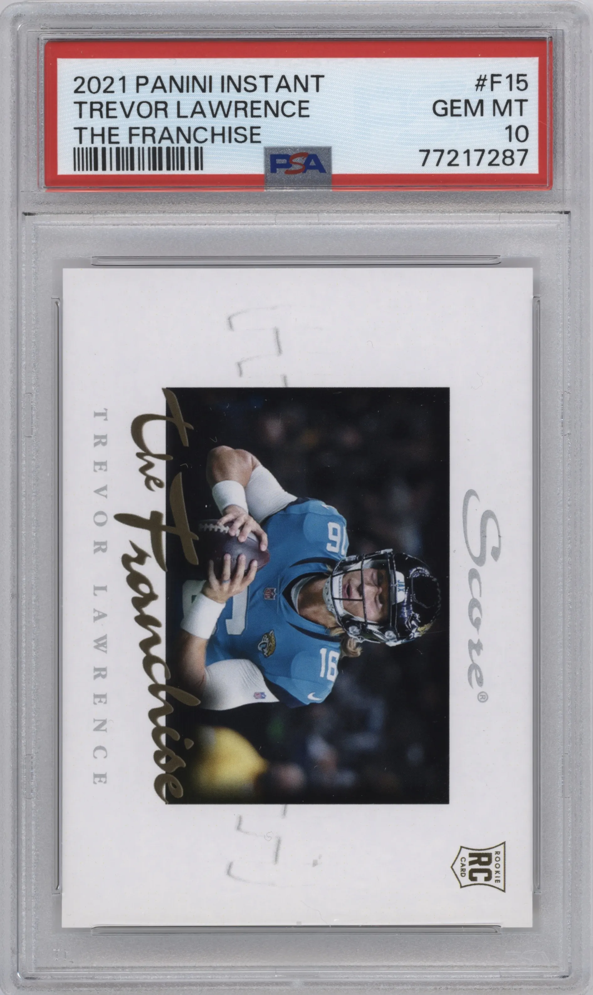 Trevor Lawrence from the 2021 Panini Instant Score the Franchise set graded by PSA and given an overall grade of 10.