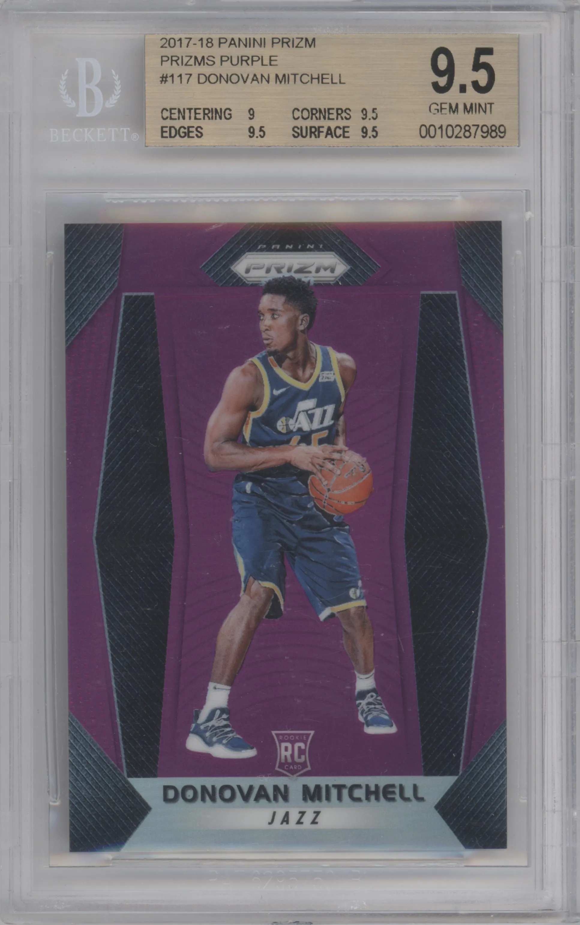 Donovan Mitchell from the 2017-18 Panini Prizm  set featuring a Purple Prizm parallel graded by Beckett and given an overall grade of 9.5.