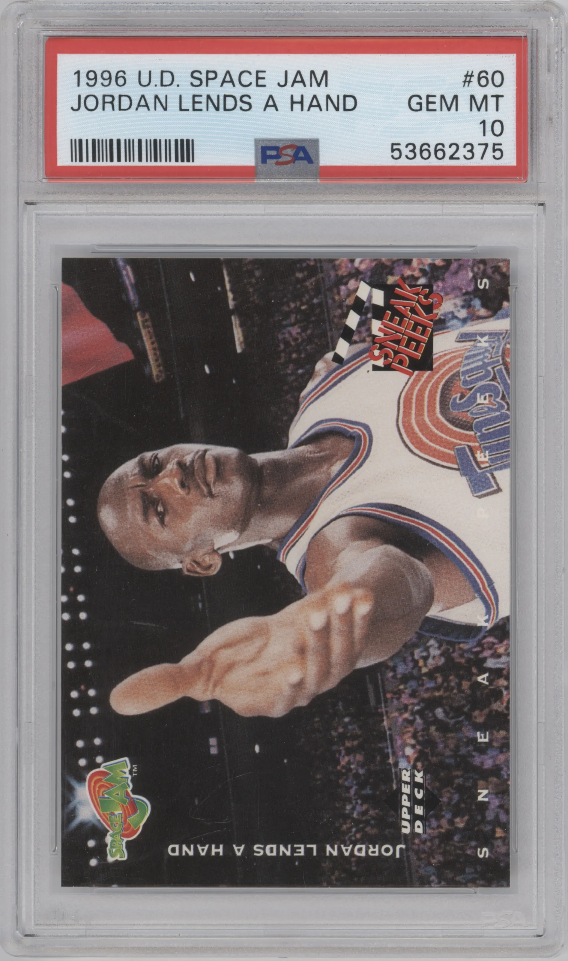Jordan Lends a Hand from the 1996-97 Upper Deck Space Jam set graded by PSA and given an overall grade of 10.