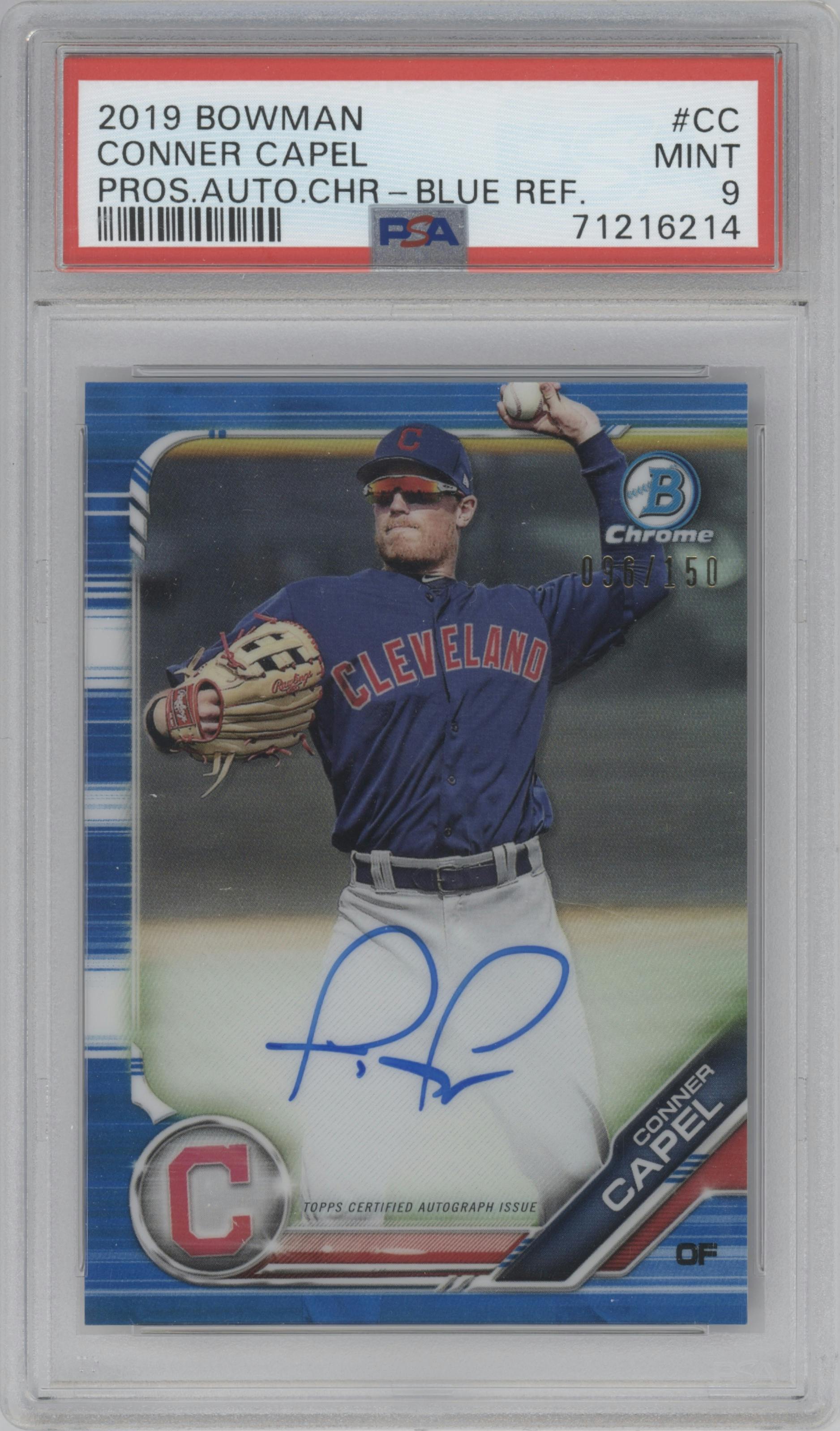 Conner Capel from the 2019 Bowman  set featuring a Blue Refractor  parallel graded by PSA and given an overall grade of 9.