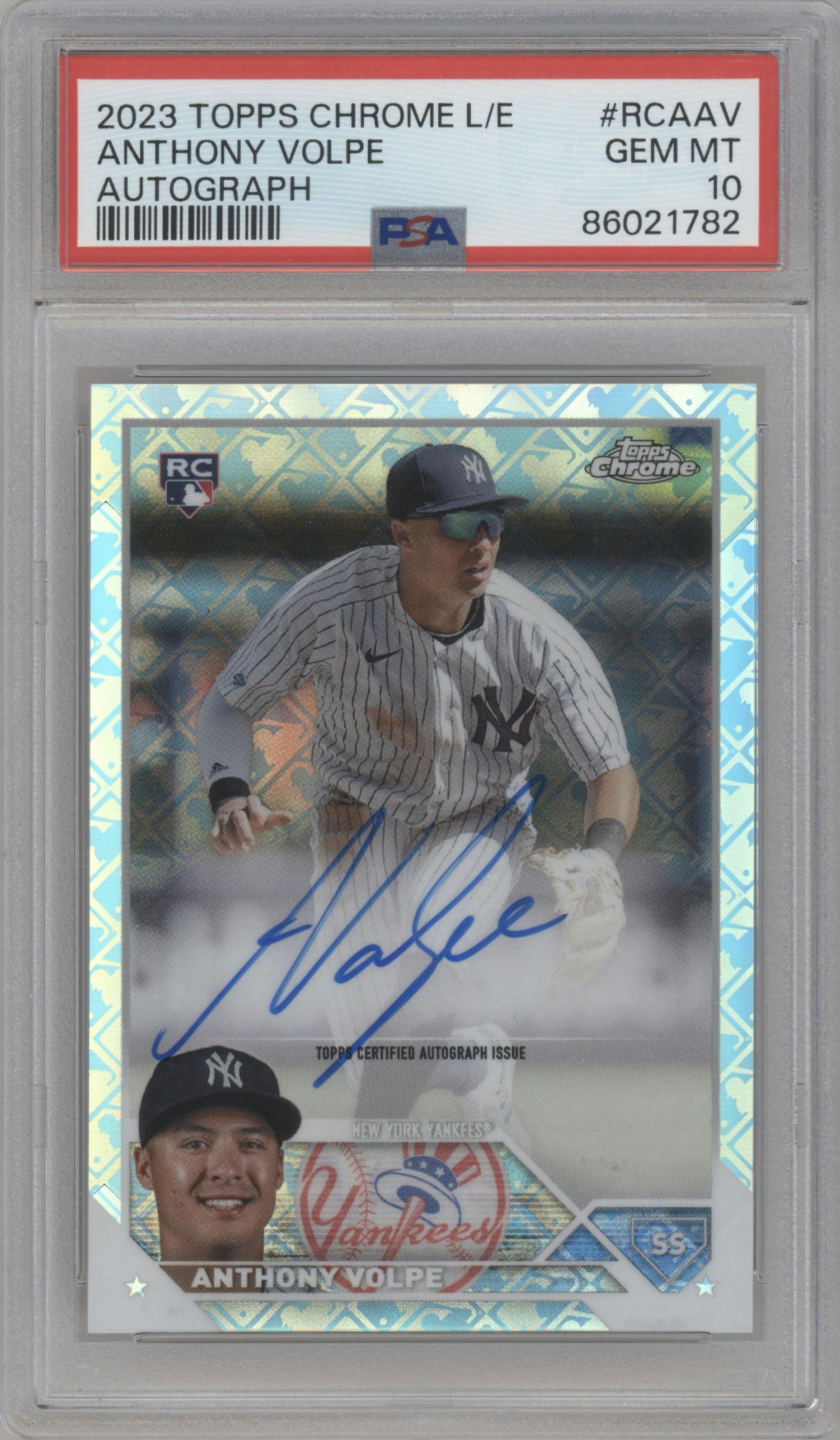 Anthony Volpe from the 2023 Topps Chrome Logofractor Edition set graded by PSA and given an overall grade of 10.