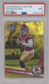 Caleb Williams from the 2023 Bowman Chrome University Sapphire Edition set featuring a Yellow parallel graded by PSA and given an overall grade of 9.