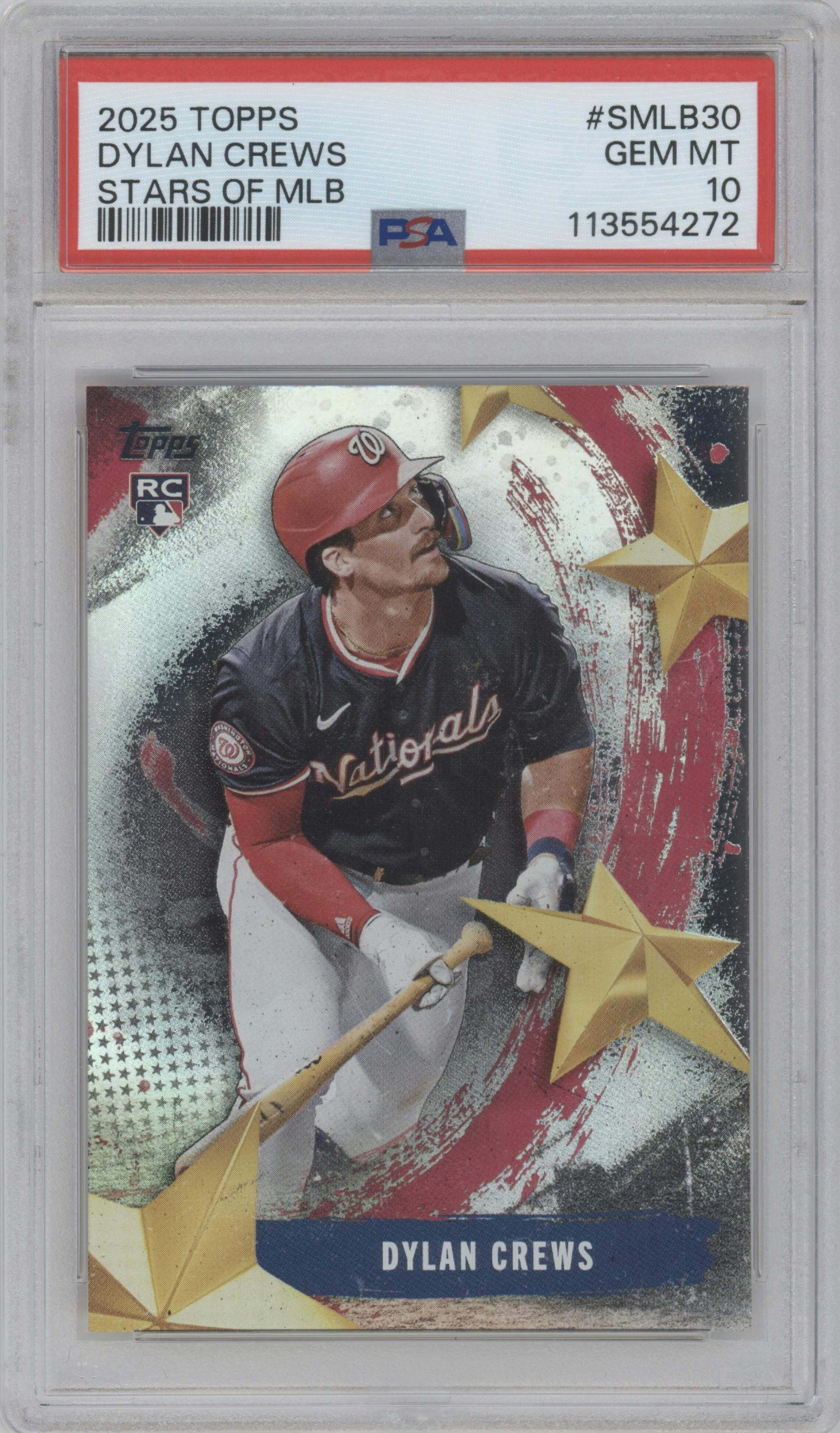 Dylan Crews from the 2025 Topps set graded by PSA and given an overall grade of 10.