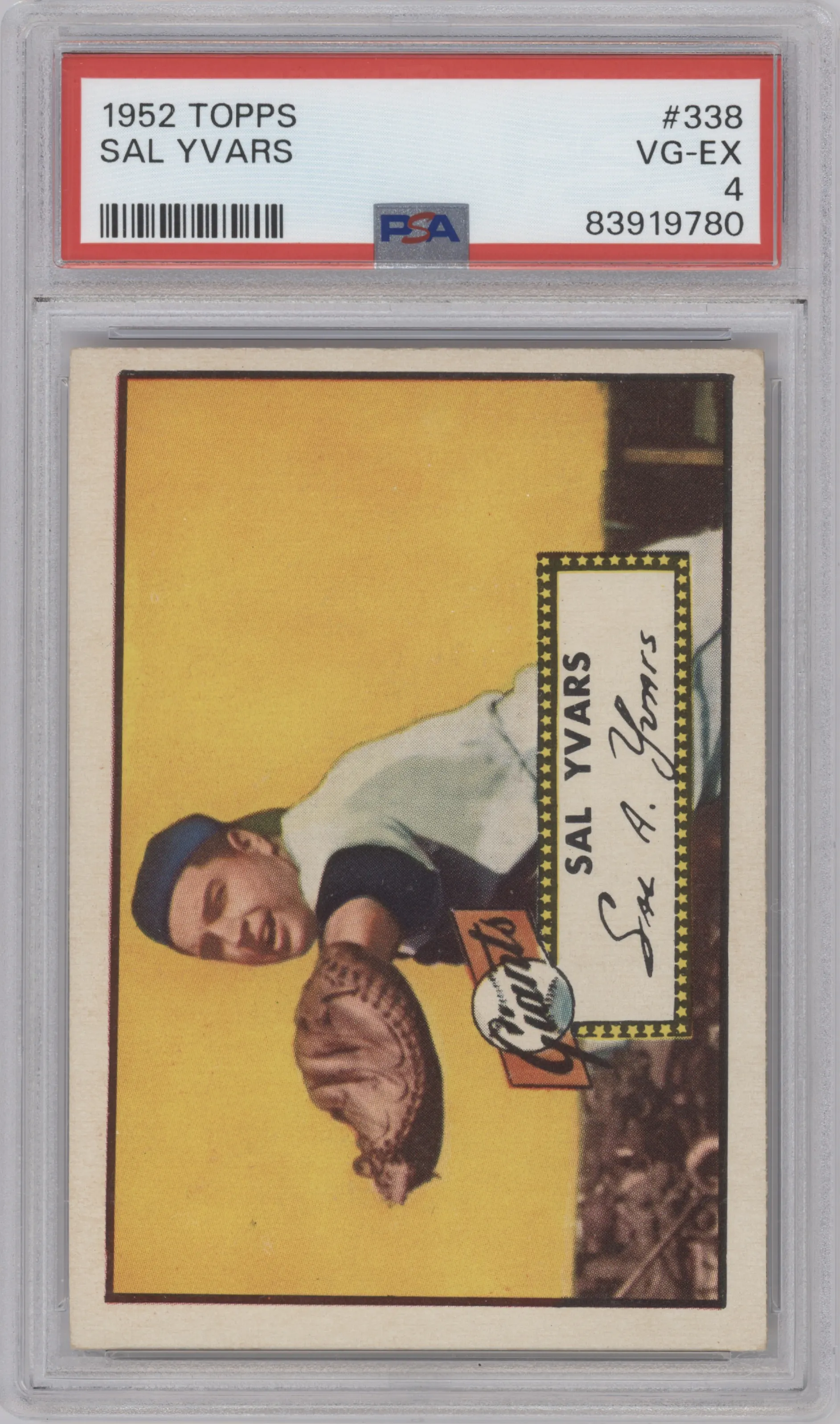 Sal Yvars from the 1952 Topps set graded by PSA and given an overall grade of 4.