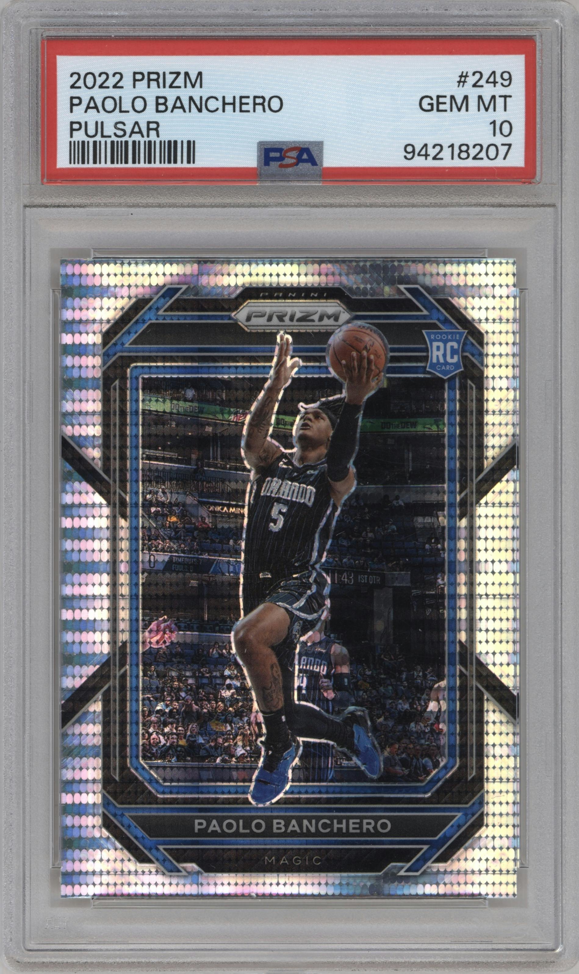 Paolo Banchero from the 2022-23 Panini Prizm  set featuring a Pulsar parallel graded by PSA and given an overall grade of 10.