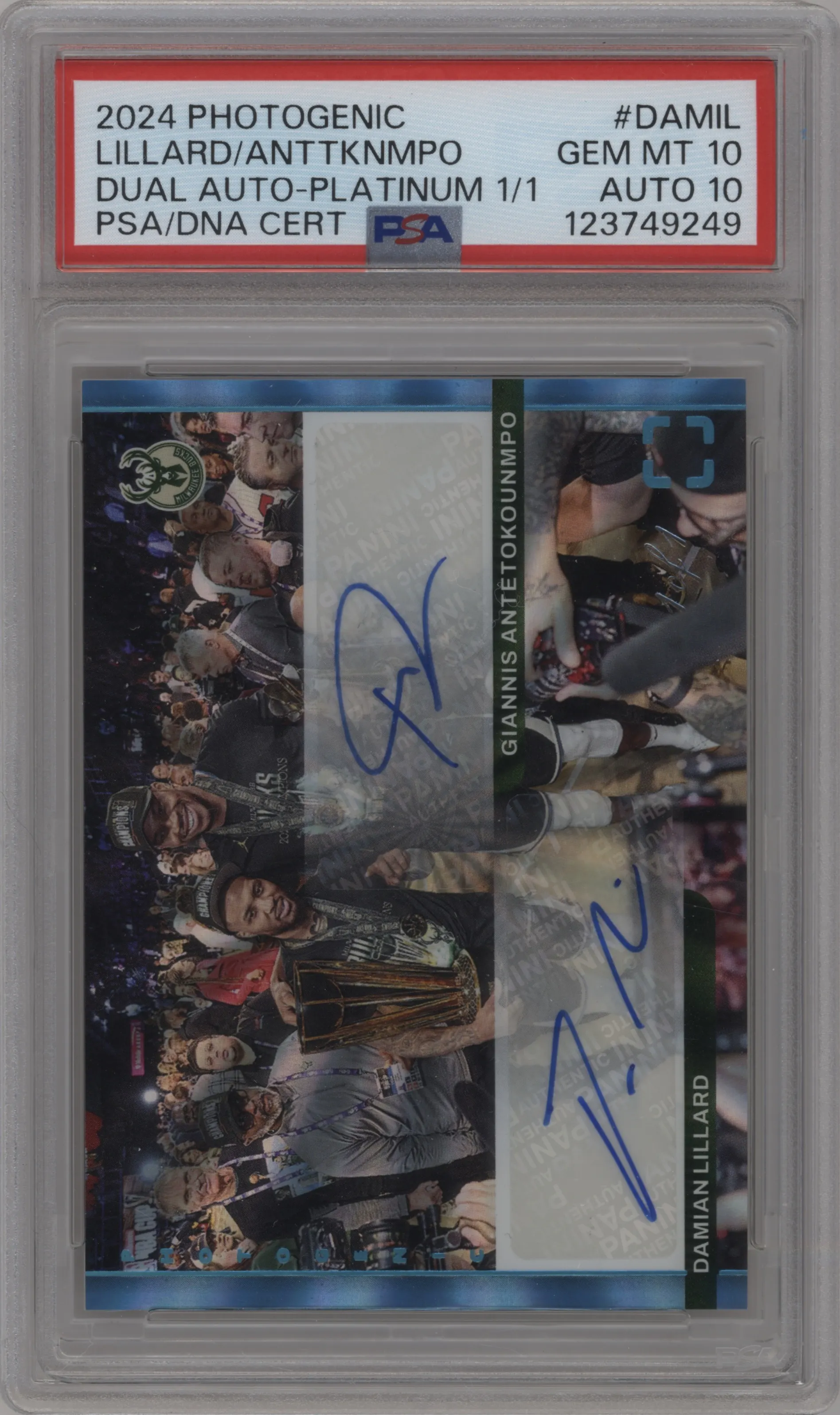 2024 Panini PhotoGenic Dual Auto Damian Lillard/Giannis Antetokounmpo Platinum #DA-MIL PSA 10