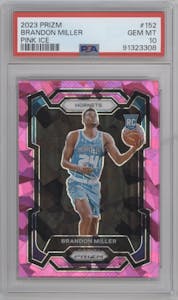 Brandon Miller from the 2023-24 Panini Prizm set featuring a Pink Ice parallel graded by PSA and given an overall grade of 10.
