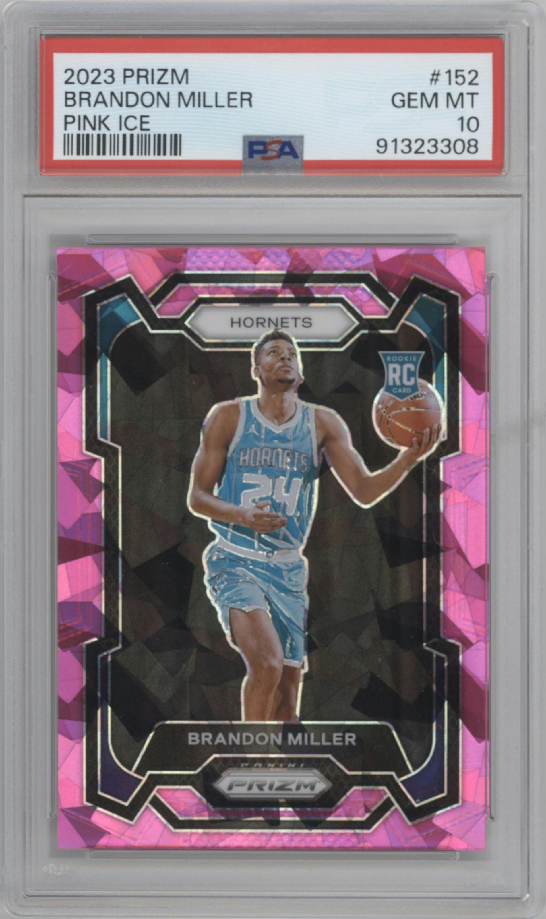 Brandon Miller from the 2023-24 Panini Prizm set featuring a Pink Ice parallel graded by PSA and given an overall grade of 10.
