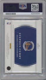 Stephen Curry from the 2021-22 Panini National Treasures set featuring a Prime parallel graded by PSA and given an overall grade of 10.