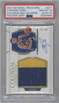 Stephen Curry from the 2021-22 Panini National Treasures set featuring a Prime parallel graded by PSA and given an overall grade of 10.
