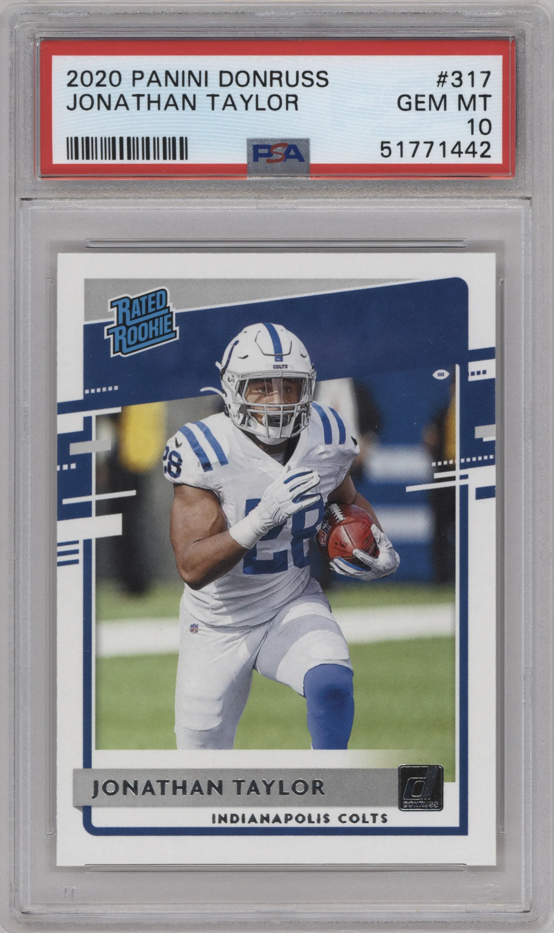 Jonathan Taylor from the 2020 Panini Donruss set graded by PSA and given an overall grade of 10.