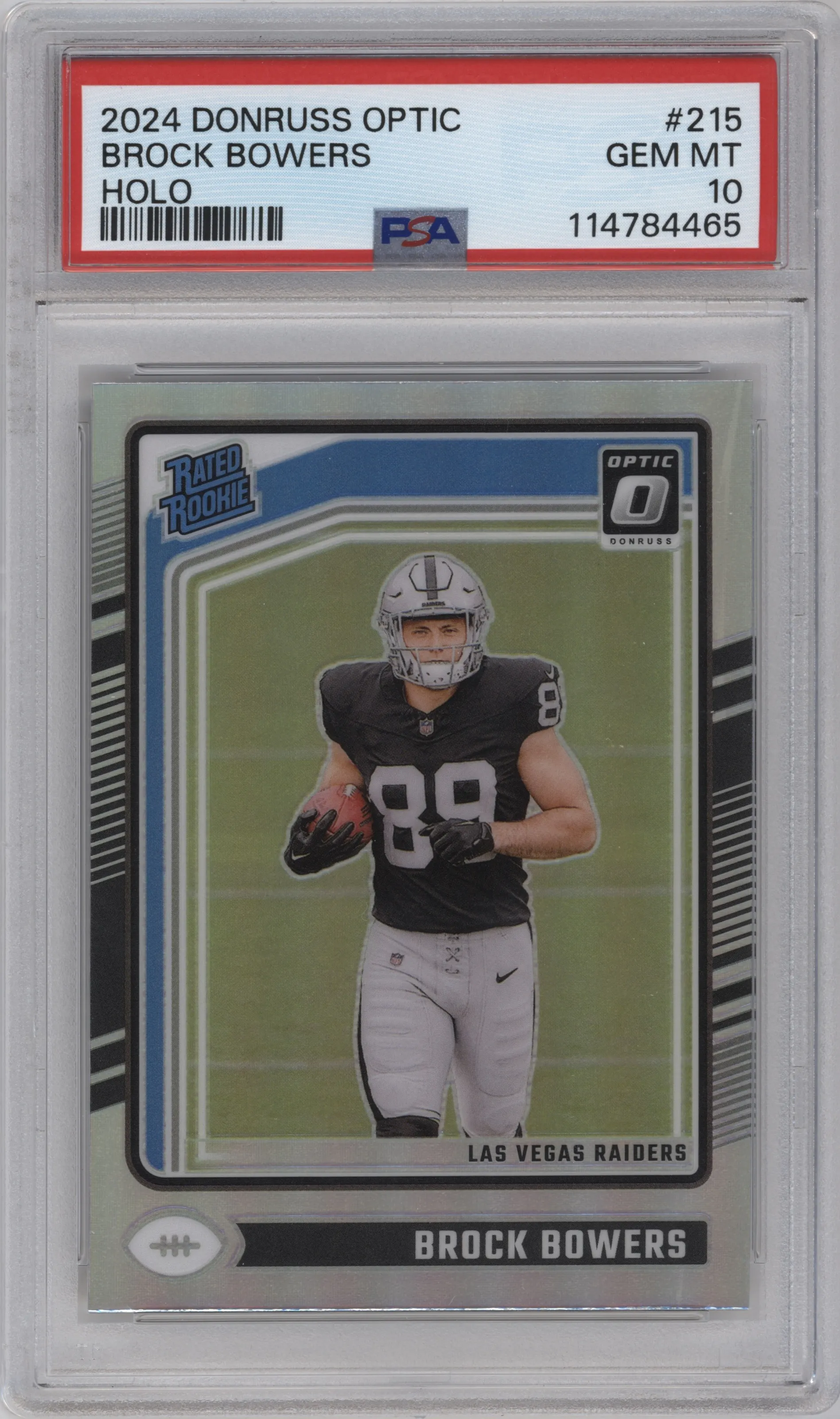 Brock Bowers from the 2024 Donruss Optic set featuring a Holo parallel graded by PSA and given an overall grade of 10.