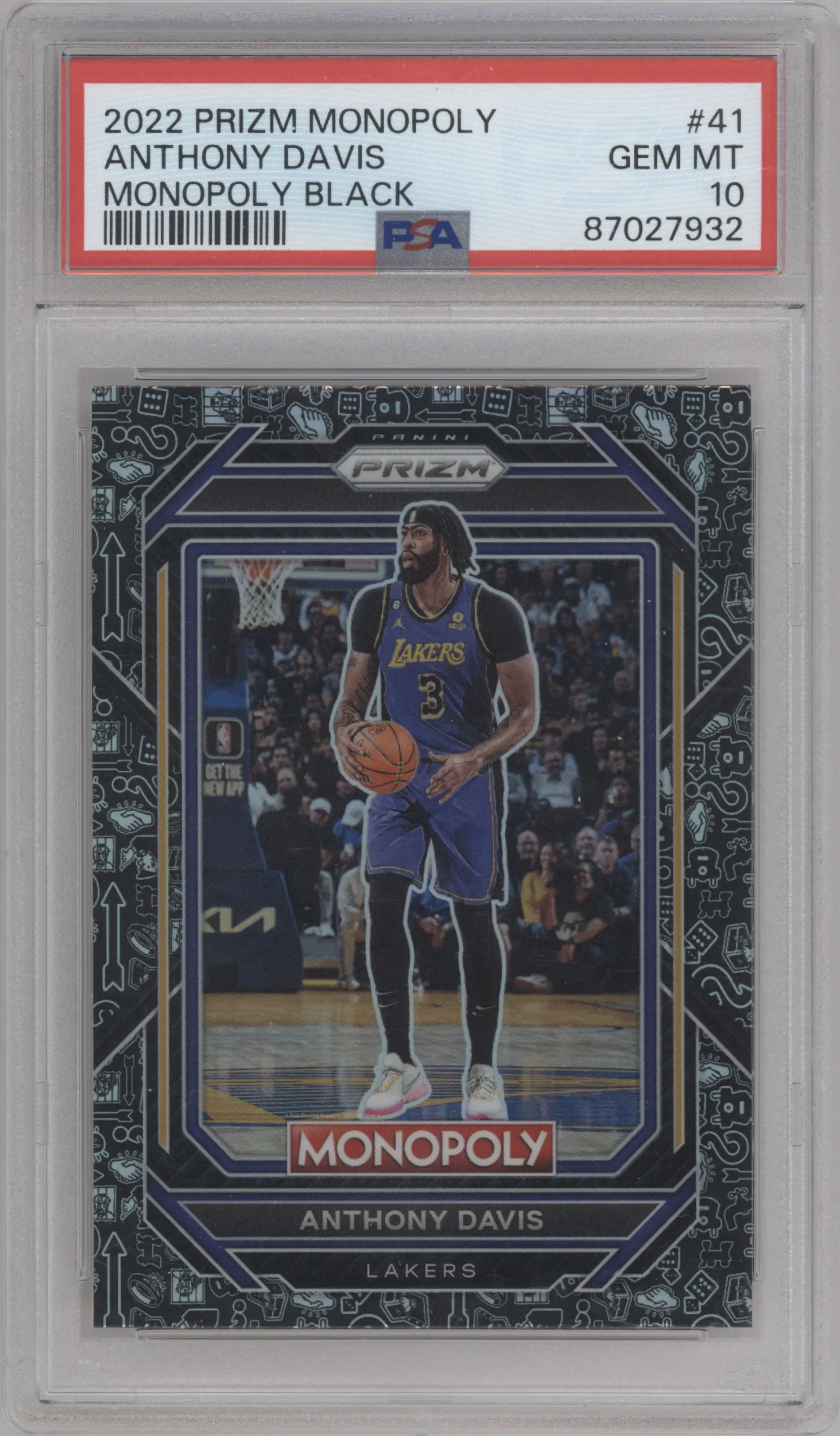 Anthony Davis from the 2022-23 Panini Prizm Monopoly set featuring a Monopoly Black parallel graded by PSA and given an overall grade of 10.