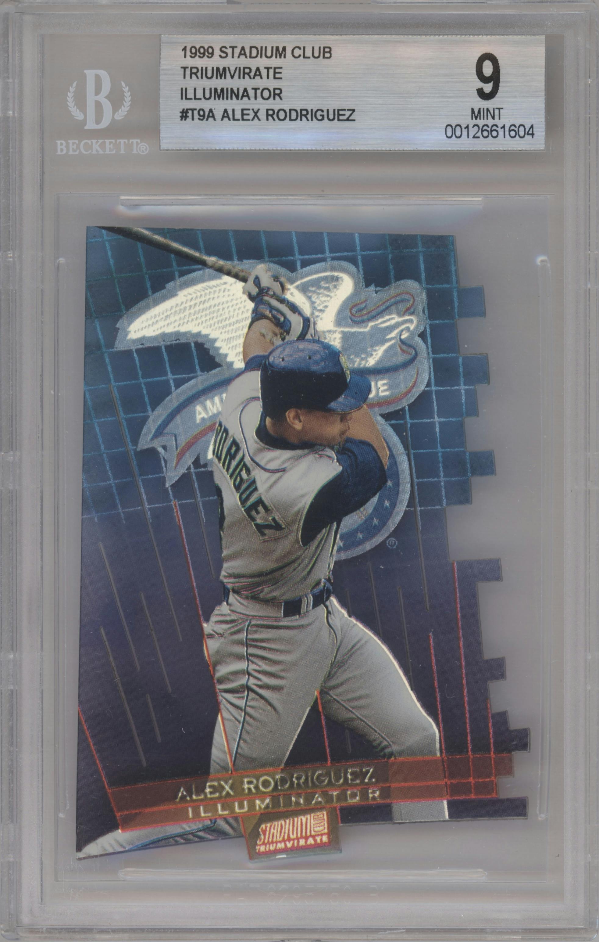 Alex Rodriguez from the 1999 Stadium Club set featuring a Illuminator parallel graded by Beckett and given an overall grade of 9.