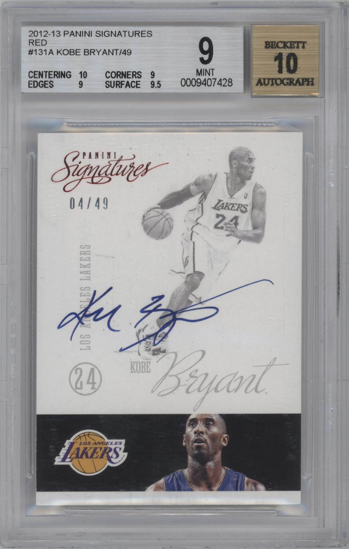Kobe Bryant from the 2012-13 Panini Signatures set featuring a Red parallel graded by Beckett and given an overall grade of 9.