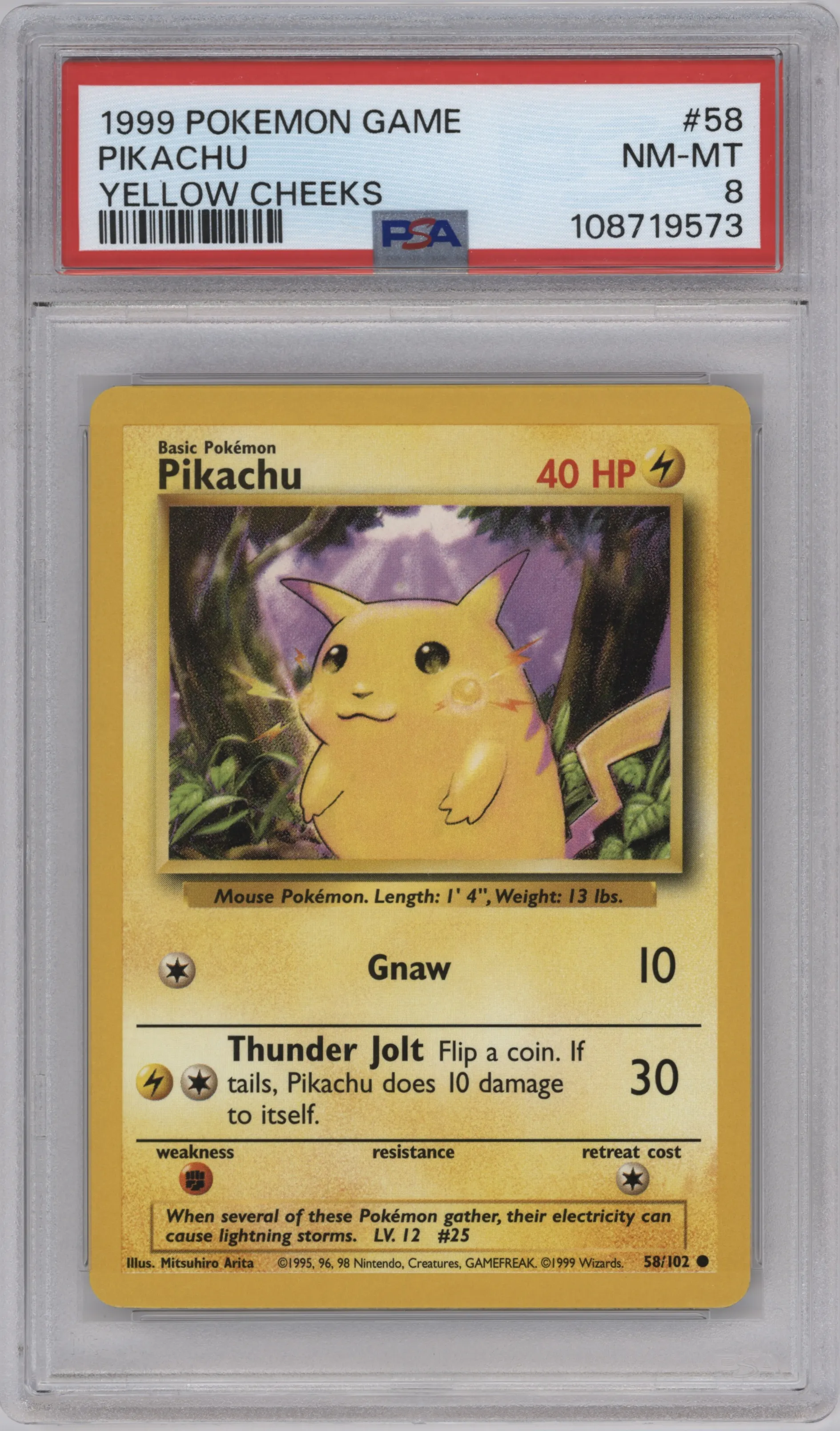 Pikachu from the 1999 Pokemon set featuring a Yellow Cheeks parallel graded by PSA and given an overall grade of 8.