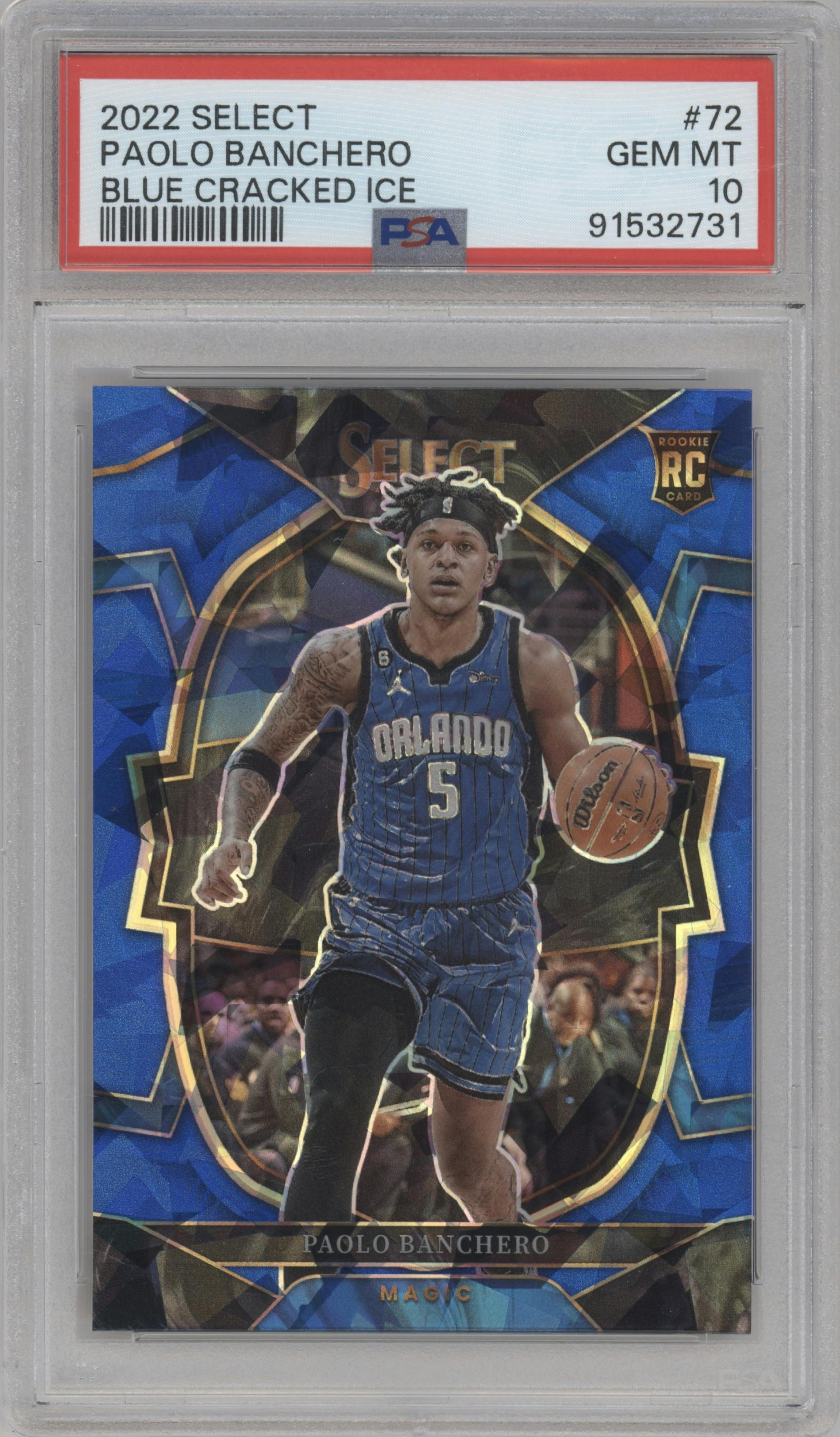 Paolo Banchero from the 2022-23 Panini Select set featuring a Blue Cracked Ice parallel graded by PSA and given an overall grade of 10.