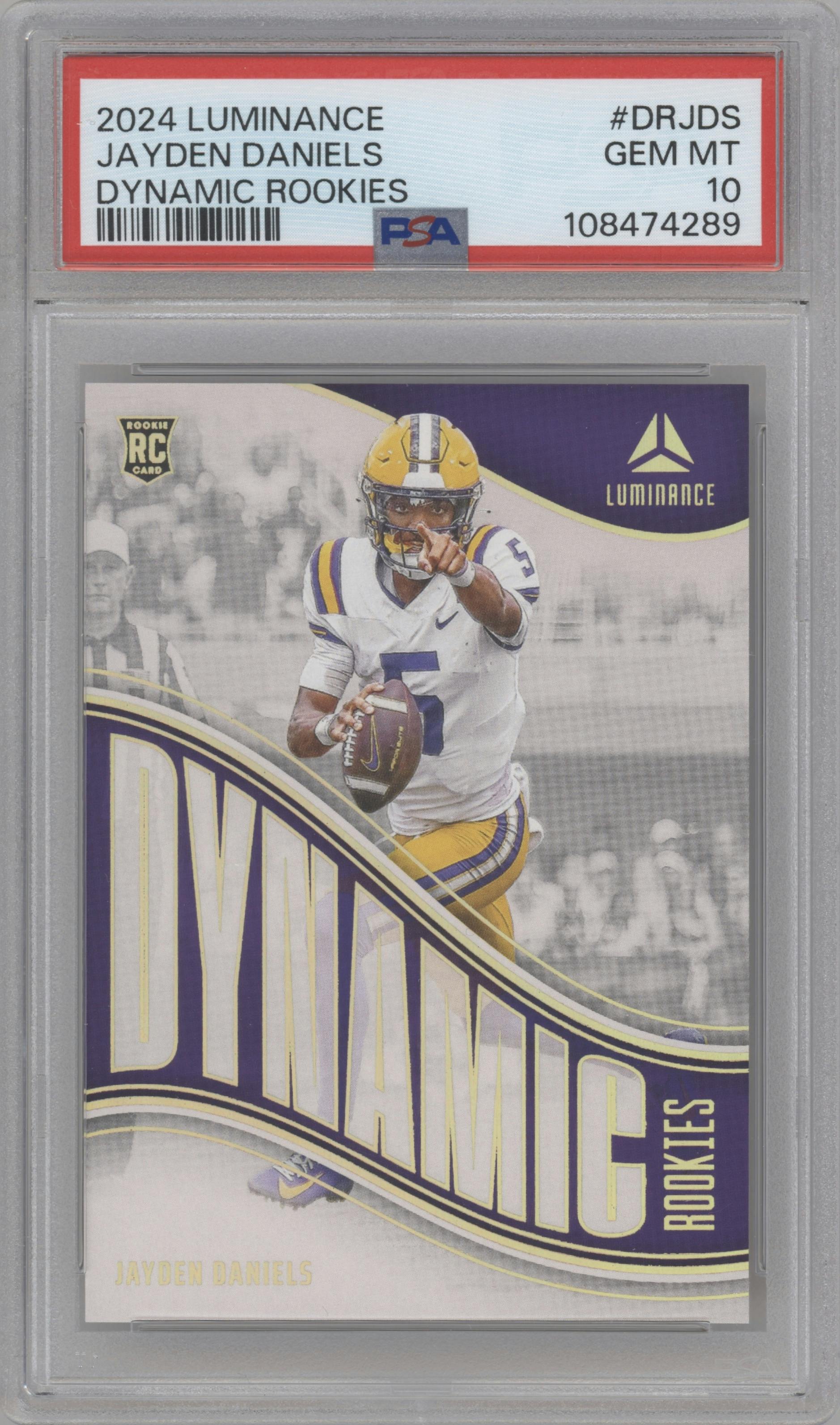 Jayden Daniels from the 2024 Panini Luminance set graded by PSA and given an overall grade of 10.