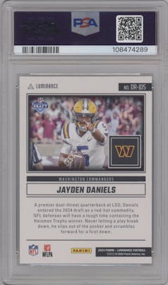 Jayden Daniels from the 2024 Panini Luminance set graded by PSA and given an overall grade of 10.