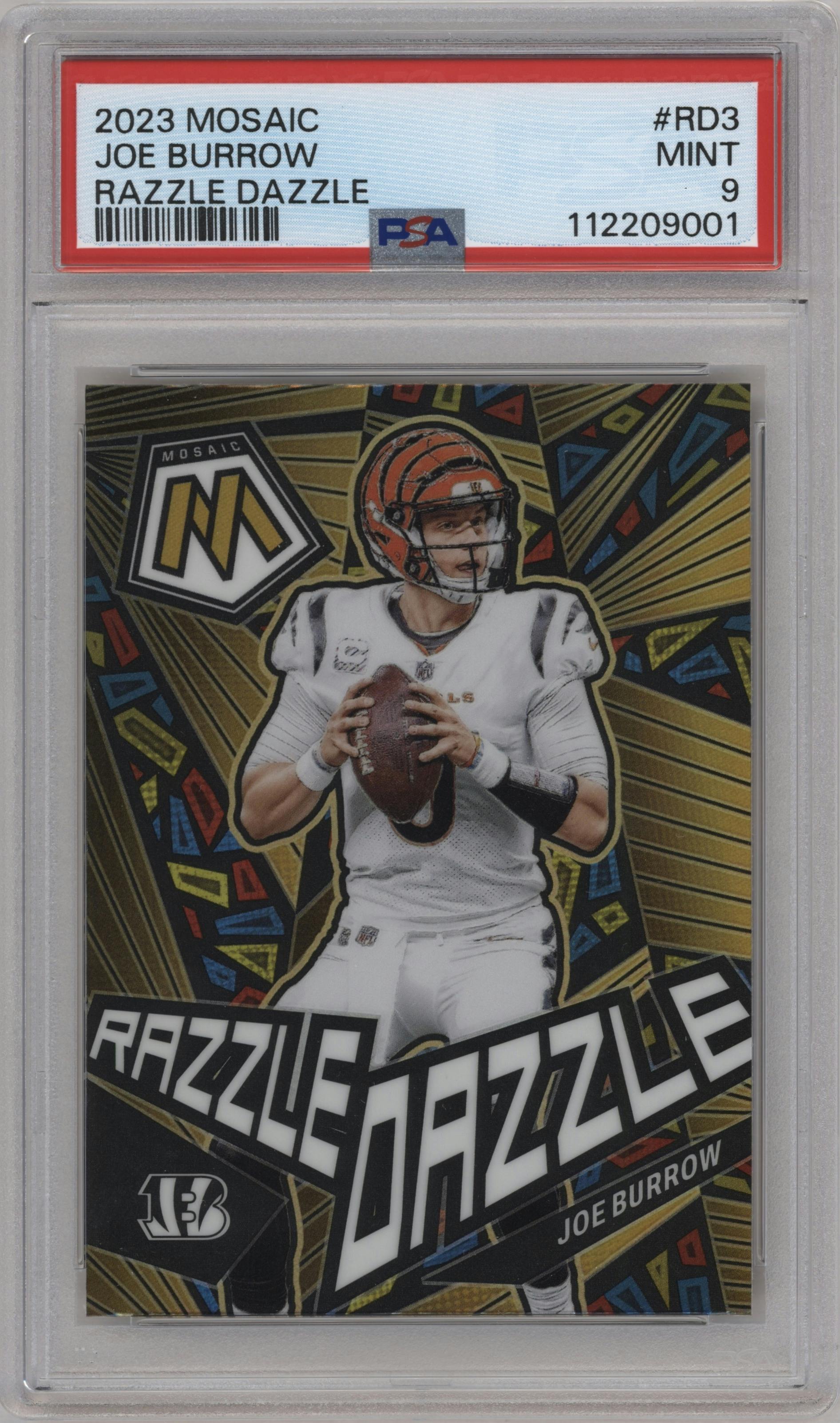 Joe Burrow from the 2023 Panini Mosaic set graded by PSA and given an overall grade of 9.