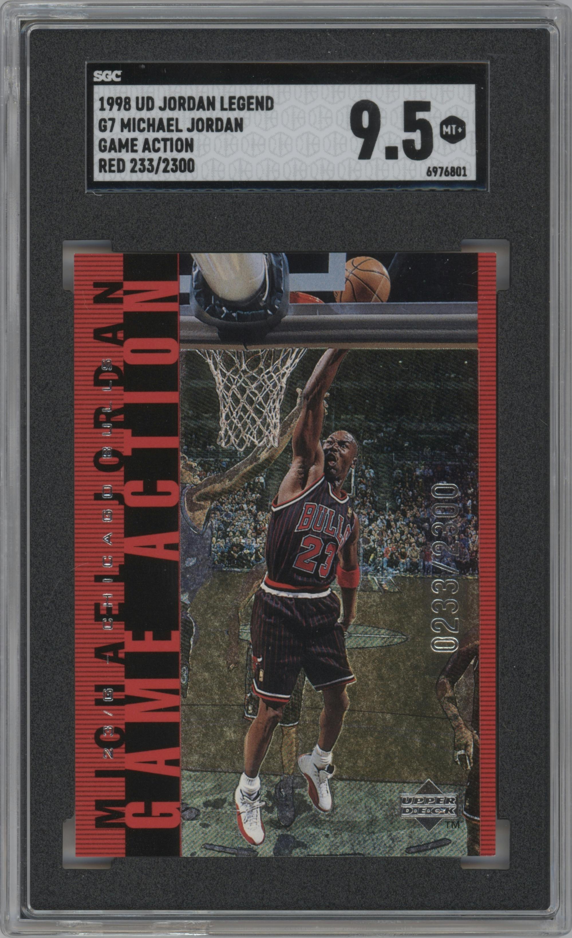MIchael Jordan from the 1998-99 Upper Deck Michael Jordan Living Legend set featuring a Red parallel graded by SGC and given an overall grade of 9.5.
