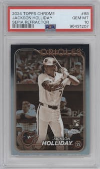 Jackson Holliday from the 2024 Topps Chrome set featuring a Sepia Refractor parallel graded by PSA and given an overall grade of 10.
