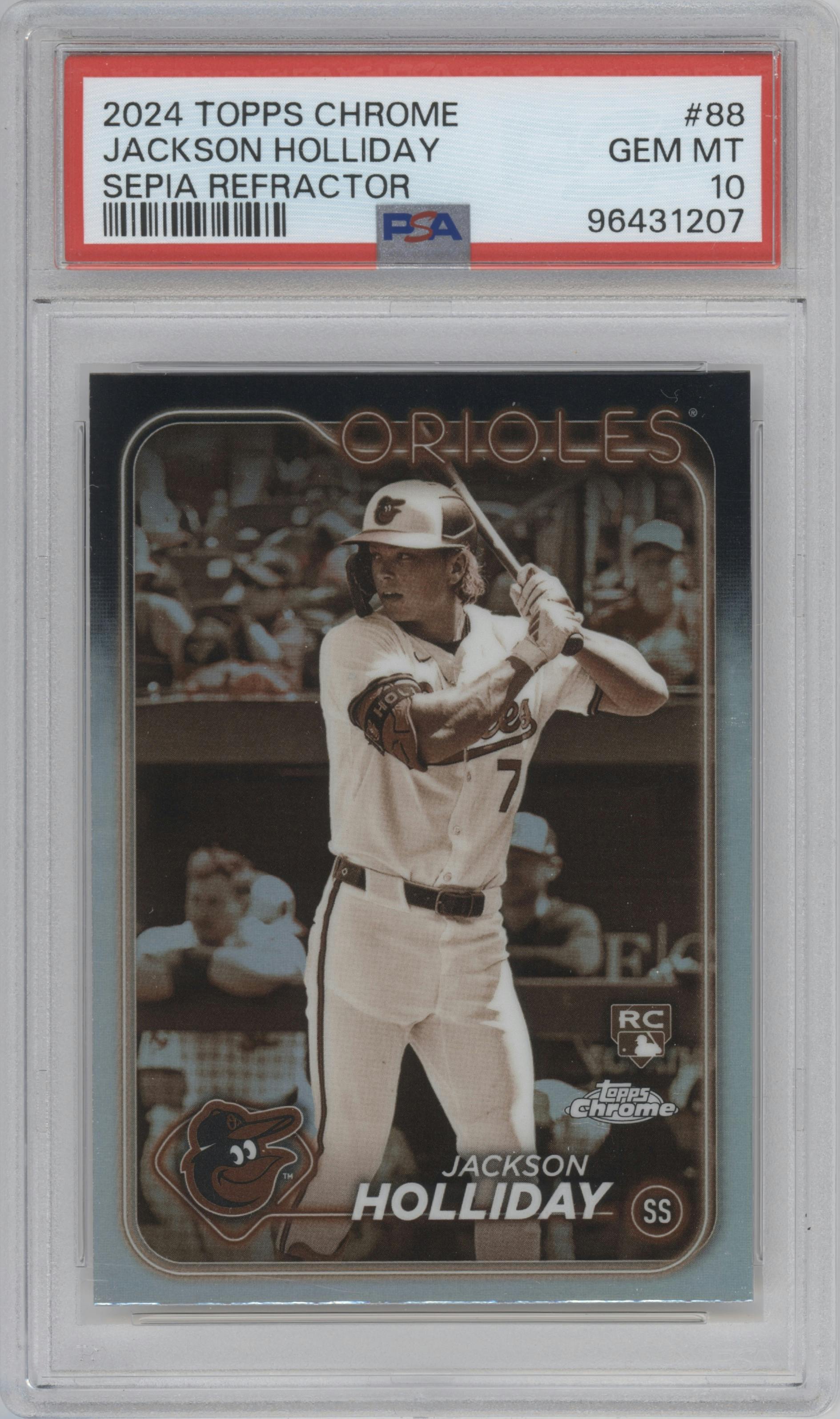 Jackson Holliday from the 2024 Topps Chrome set featuring a Sepia Refractor parallel graded by PSA and given an overall grade of 10.