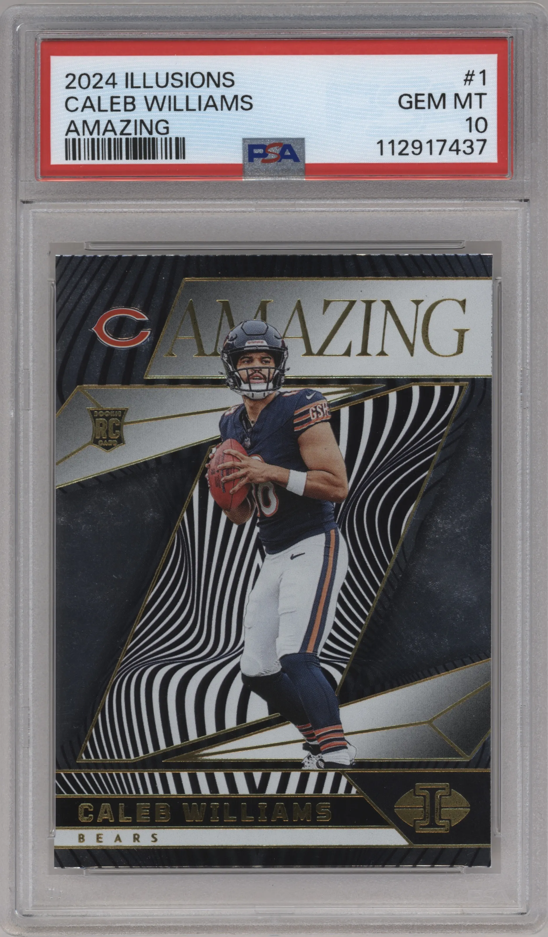 Caleb Williams from the 2024 Panini Illusions set graded by PSA and given an overall grade of 10.