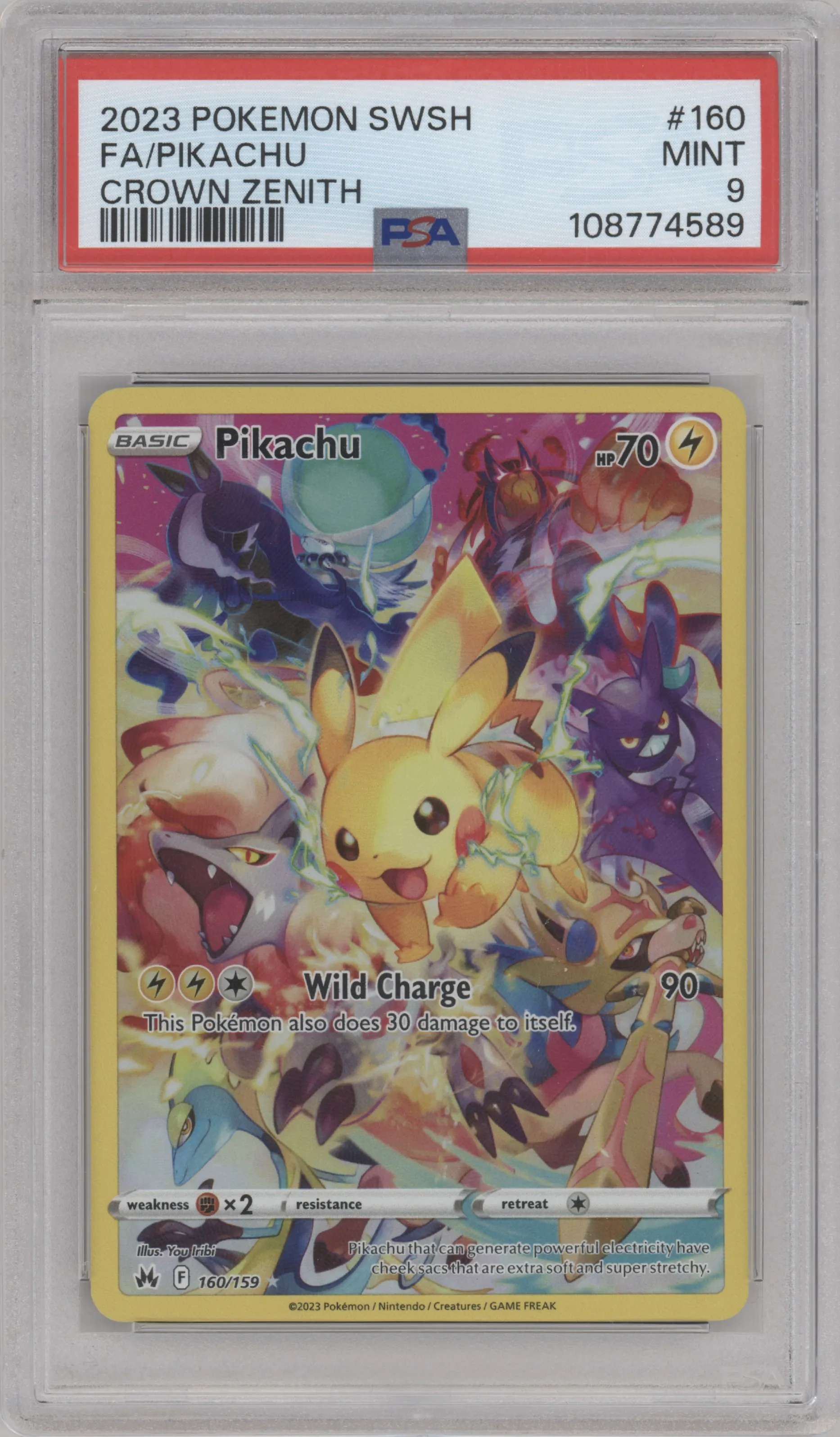Pikachu  from the 2023 Pokemon SWSH set graded by PSA and given an overall grade of 9.