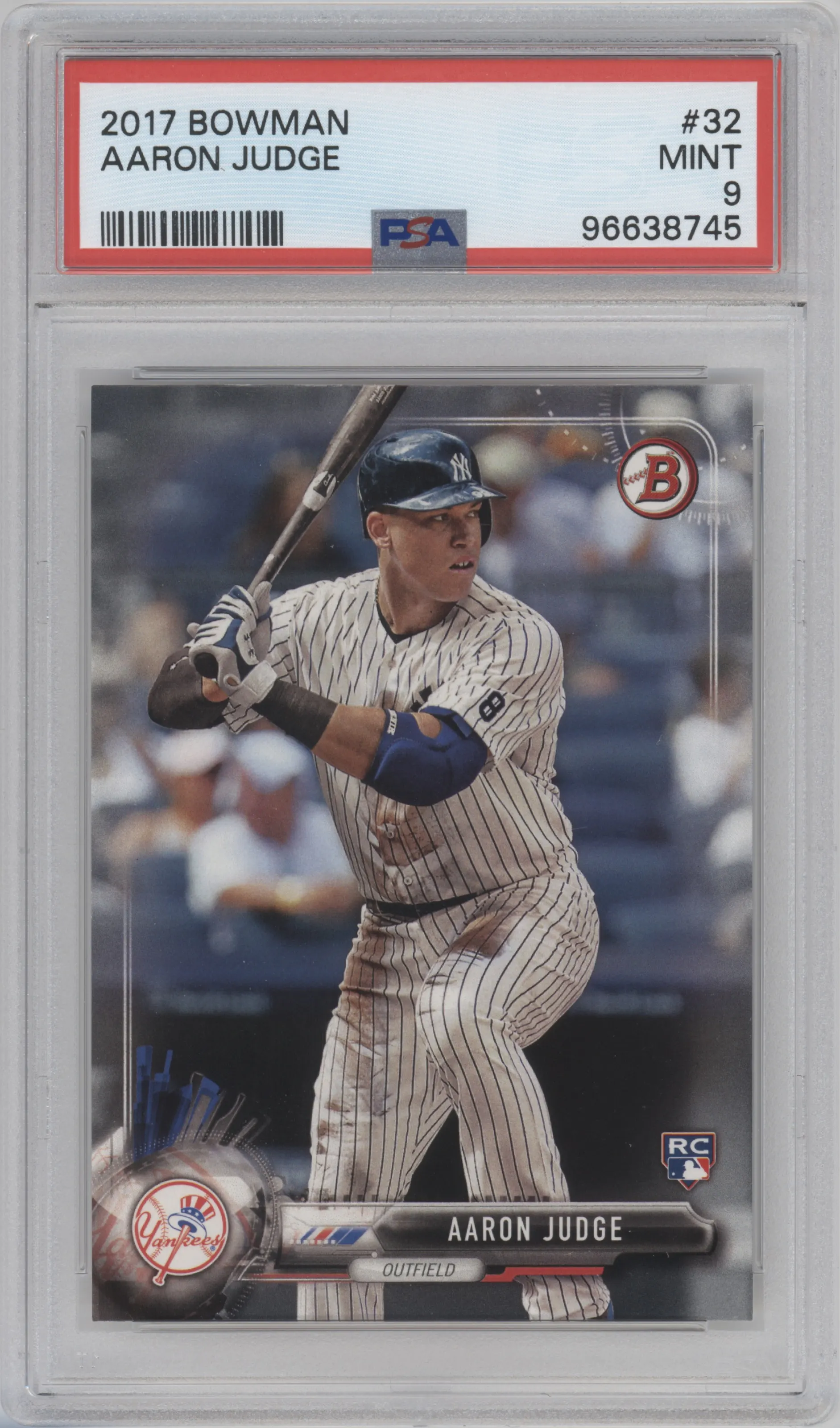 Aaron Judge from the 2017 Bowman set graded by PSA and given an overall grade of 9.