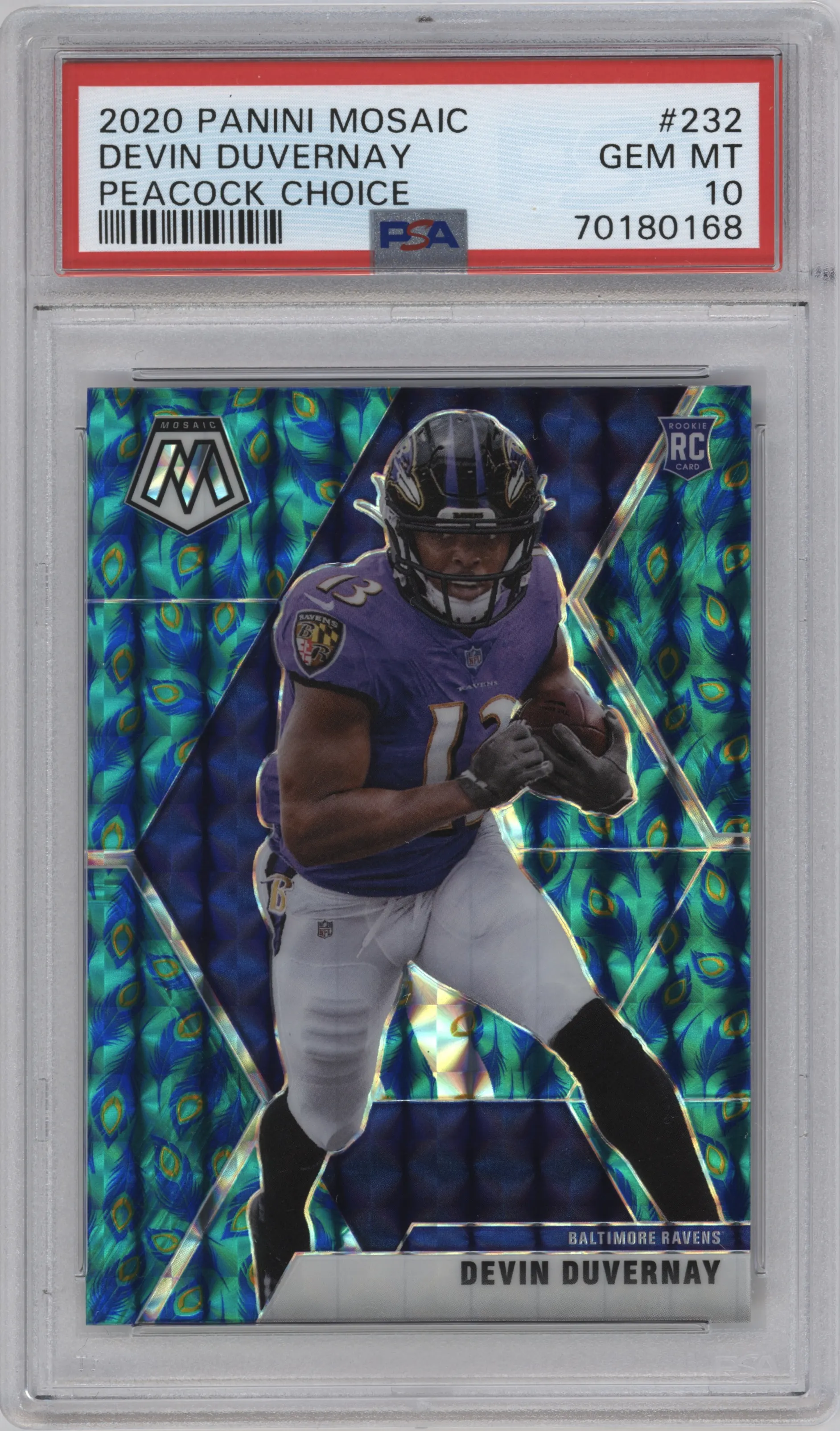 Devin Duvernay from the 2020 Panini Mosaic set featuring a Choice Peacock parallel graded by PSA and given an overall grade of 10.